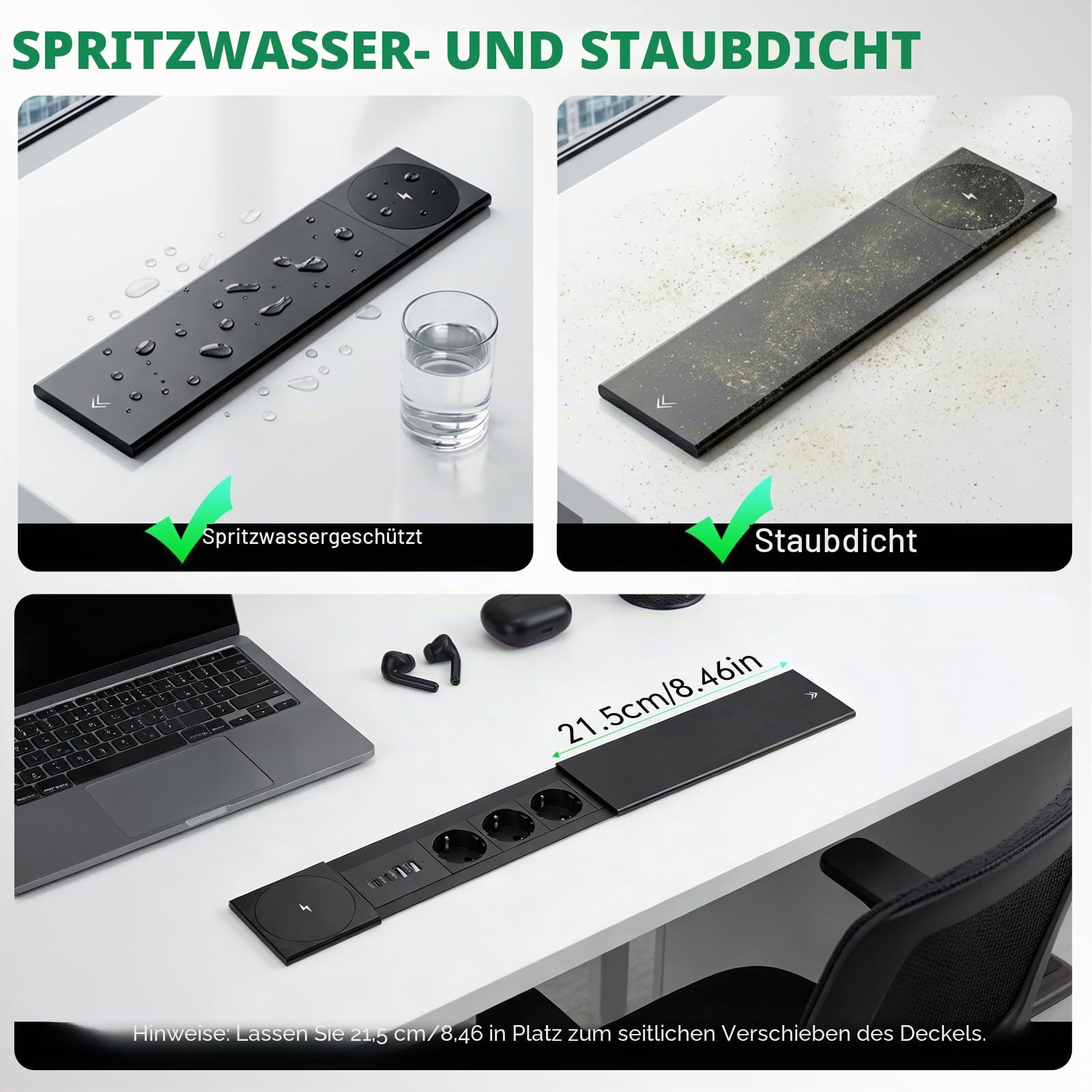 3 Fach Versenkbare Steckdose PD30W und15W Kabelloses Ladegerät und 2 USB C und 2 USB A, Tischsteckdose mit USB Versenkbar und Metall Deckel, Einbausteckdose für Schreibtisch Küche Büro, 1.8 Kable