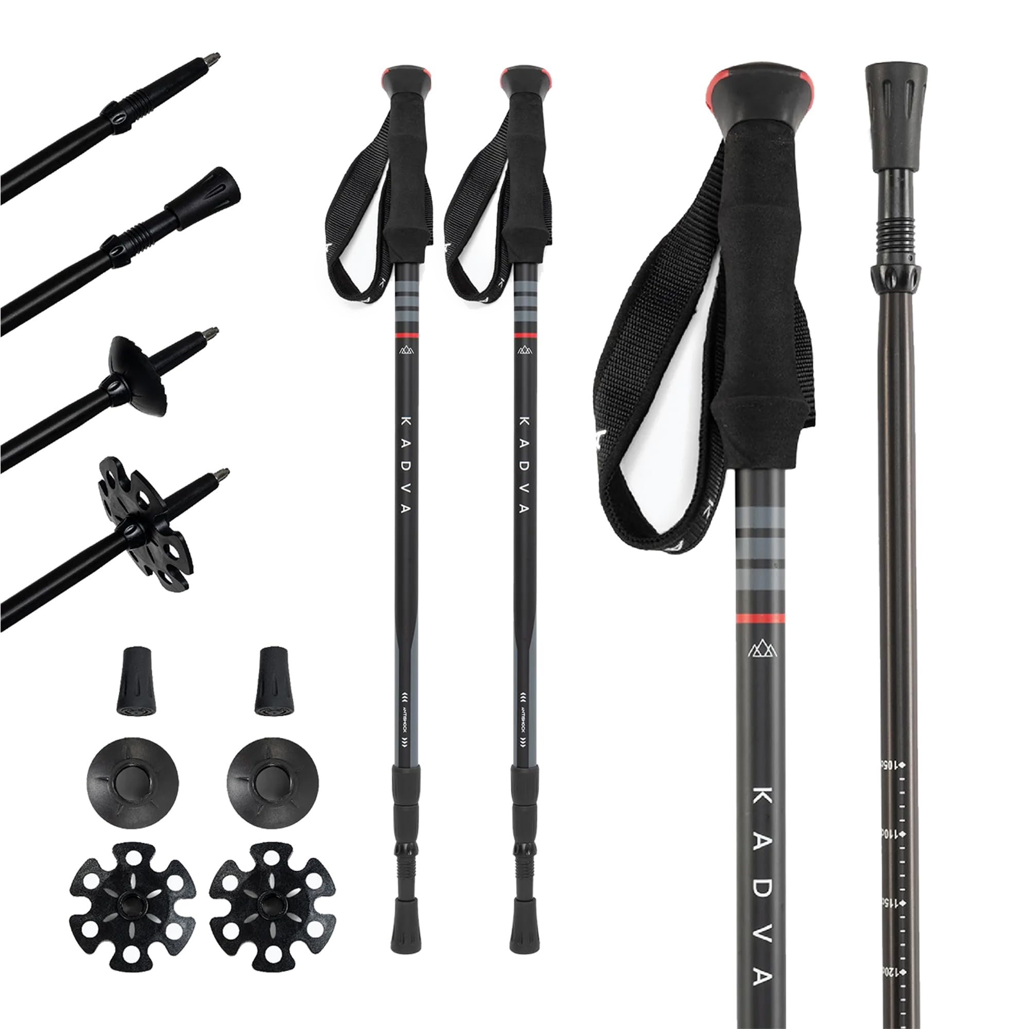 KADVA Bâtons TENGRI Rouge – 65-135 Cm, 3 Segments, Alu, Poignée PP/EVA, Twist Lock Et Antishock