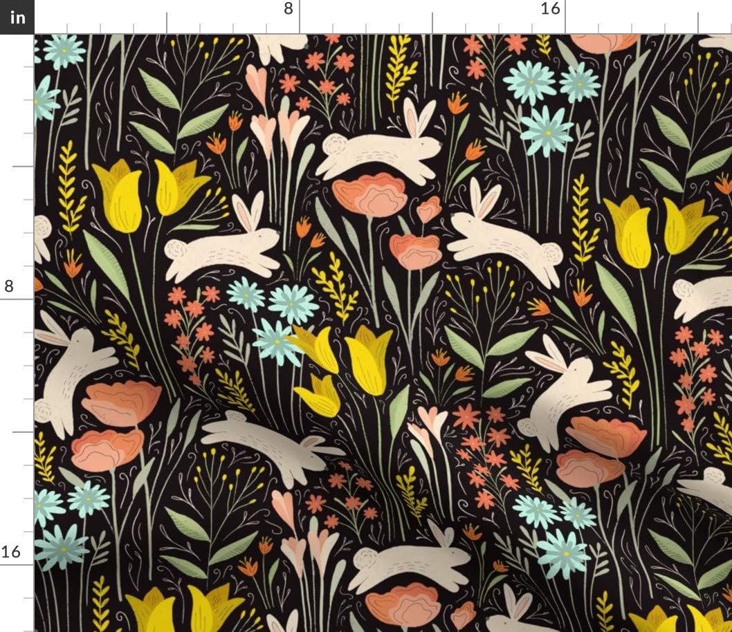 Spoonflower Fabric - Spring Bunnies Floral Bunny Illustration Springtime Flora Fauna Printed on Petal Signature Cotton Fabric by The Yard - Sewing Quilting Apparel Crafts Decor