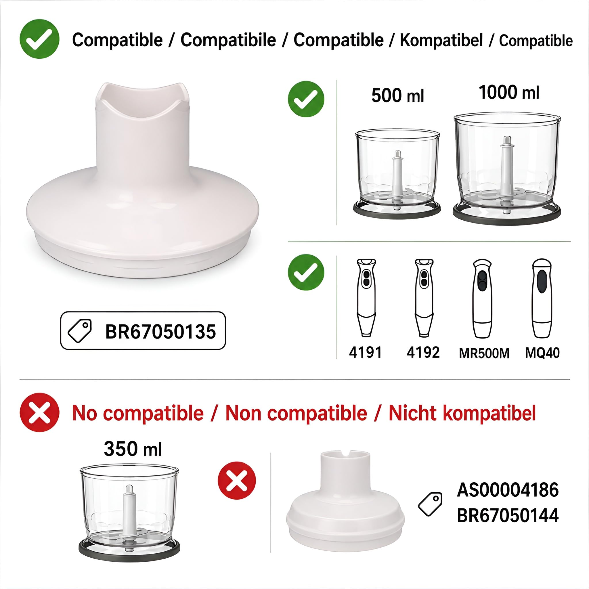 MIRTUX Kit di 1 Coperchio tritacarne Compatibile con Braun (500 ml e 1000 ml) - Modello BR67050135 - Misure 135 x 135 x 85 mm - Adatto al Vetro: Ø12,9 mm