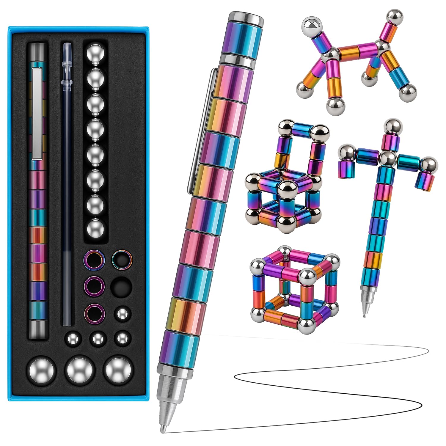 PILPOC Fidget Pen, 2-in-1 Writing and Fidget Tool for Desk Play, Buildable Magnetic Pen with Stylus Tips and Refills, Novelty Christmas Stocking