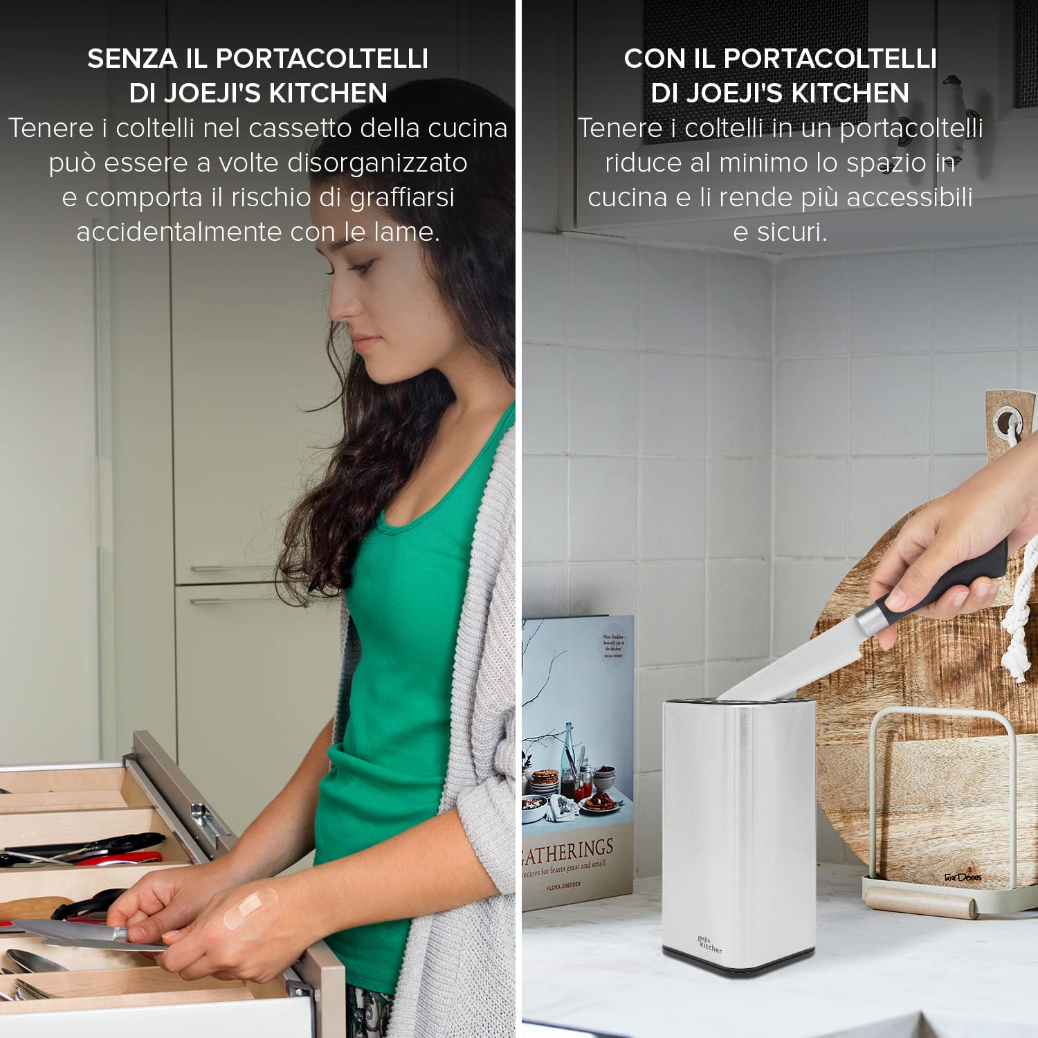 Joeji's Kitchen Ceppo portacoltelli da cucina universale senza coltelli con fessure per forbici e asta per affilare Portacoltelli da cucina in acciaio inox facile da pulire e scolare