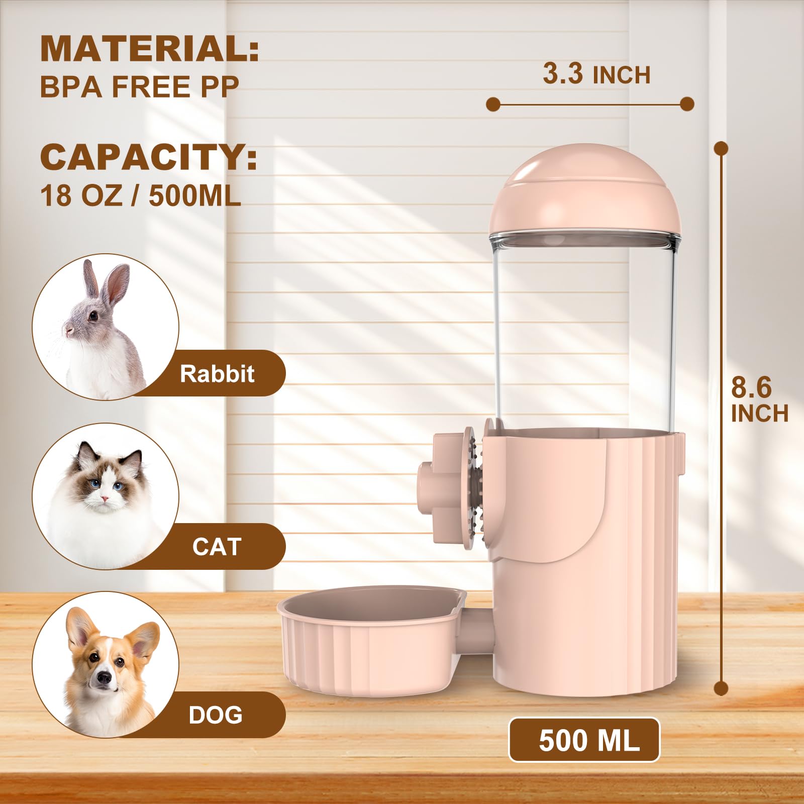 Small Pet Auto Water Dispenser, Rabbit auto Water Dispenser Water Bowl for Cage, Small Aniaml Food Dish for Rabbits, Ferrets, Cats, Birds,Dog-Pink