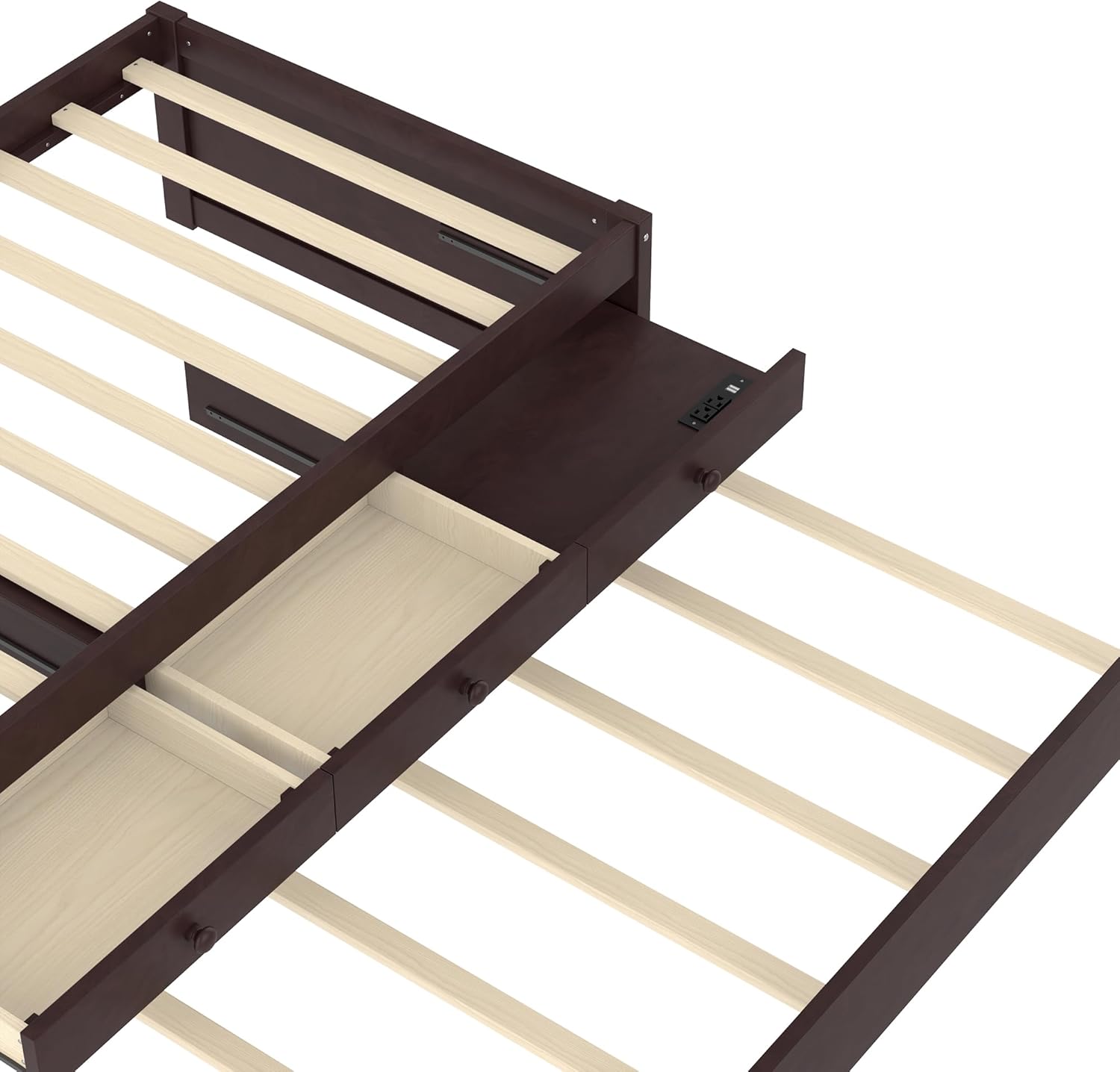 Twin Platform Bed with Trundle and Storage Drawers, Solid Wood Daybed with Power Outlets and Full-upgraded Slats, Twin Bed Frame for Bedroom, Guests, Living Room, No Box Spring Needed, Espresso