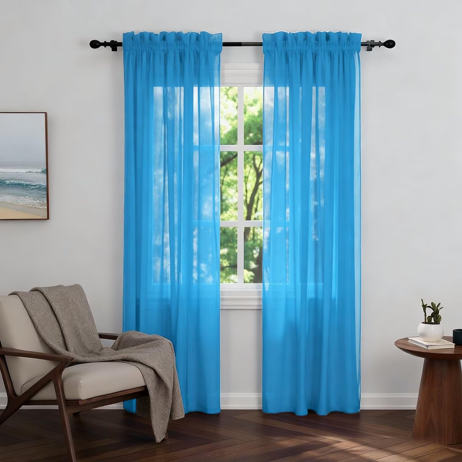 Zdada Net Curtains for Windows 84 Drop, Blue Slot Top Voile Curtains, Semi Transparent Sheer Curtain Net Curtain Panel for Living Room Kitcken W60xL84 Inch,2 Panels — image 1