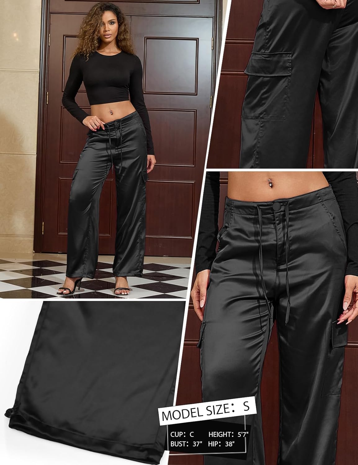 Perfashion Women Satin Pants Silk Wide Leg Trousers Cargo Joggers Drawstring Going Out Concert Outfits - Image 5