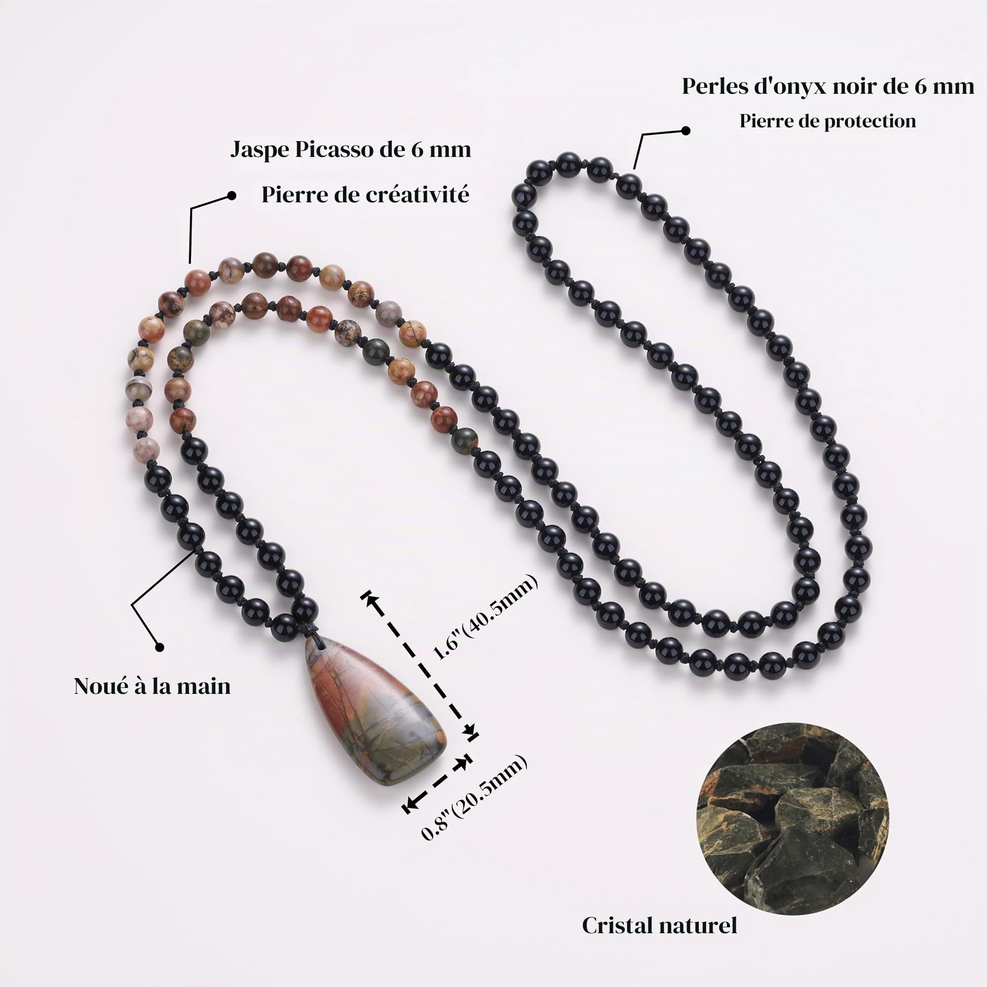 COAI Collier Mala 108 Perles, Collier Onyx Noir/Jaspe Picasso, Pendentif Goutte d'Eau