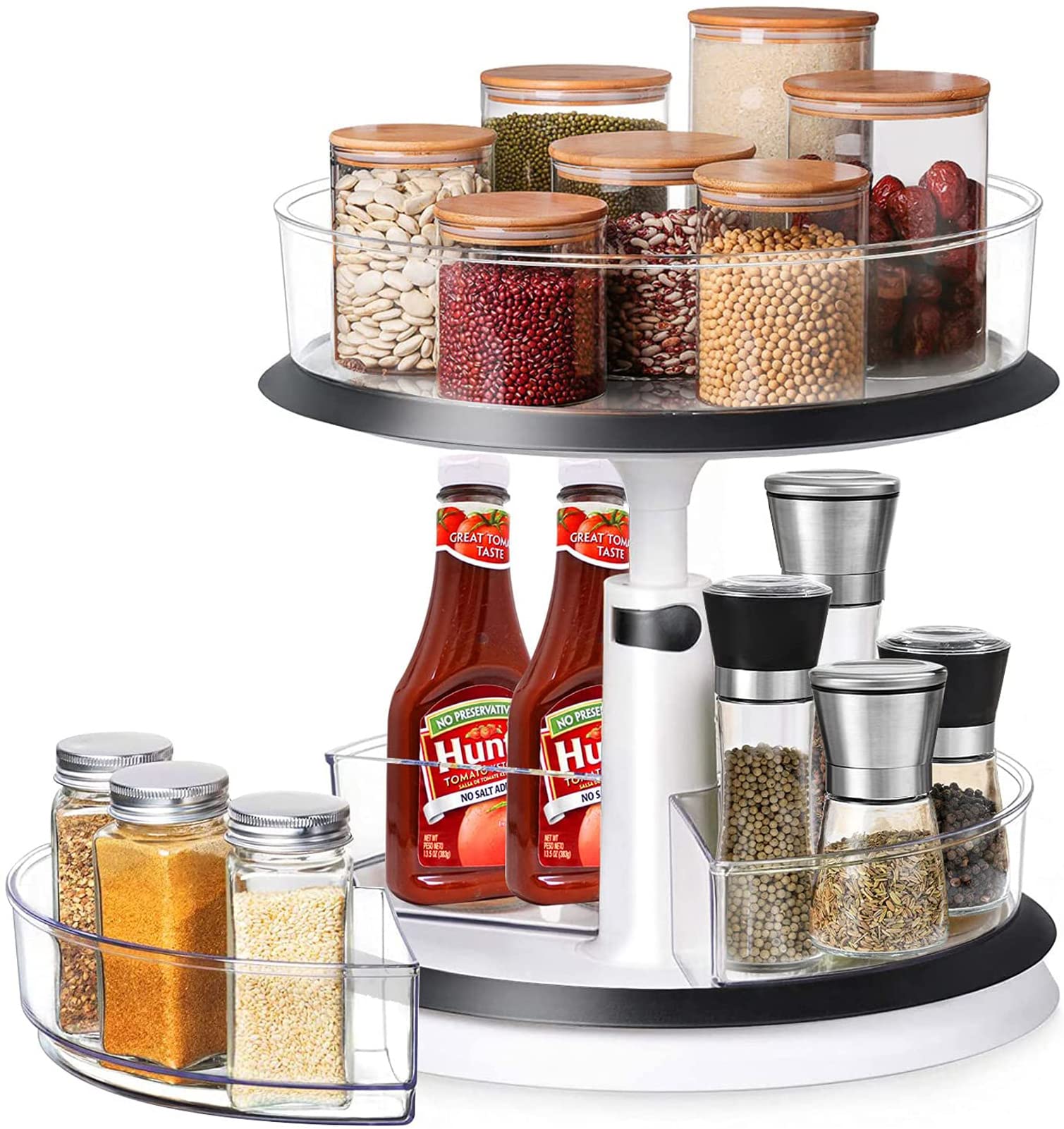 U-HOOME 2-Tier Lazy Susan Turntable Cabinet Organizer,Height Adjustable Rotating Turntable Spice Rack for Kitchen Cabinet, with Removable Storage Bins for Pantry Fridge Vanity Bathroom Countertop