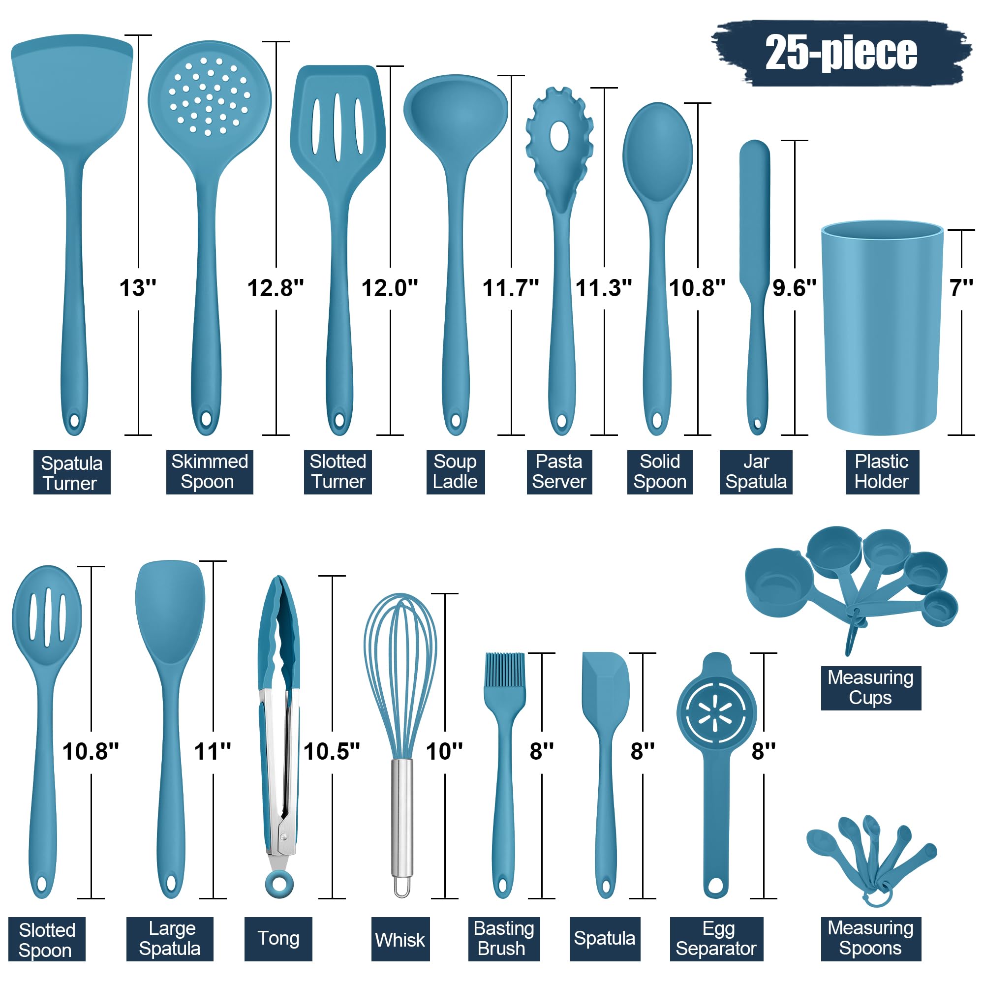 E-far Juego de utensilios de cocina de silicona, 25 piezas con soporte, herramientas de cocina no tóxicas, espátula, volteador, cucharón, para utensilios de cocina antiadherentes, resistentes al calor