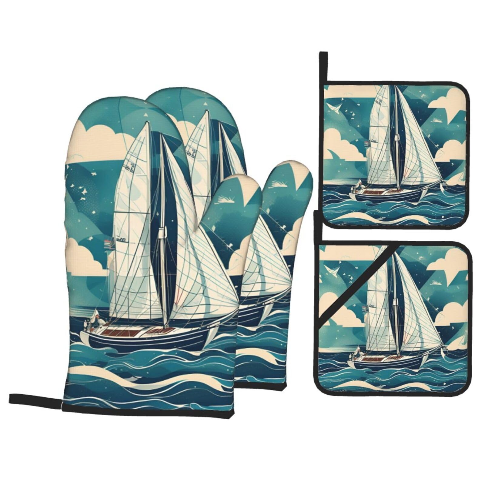 Nimongt Black Ocean Sailboat Print Heat-Resistant 4-Piece Oven Kitchen Gloves For Baking Cooking Microwaving Essentials