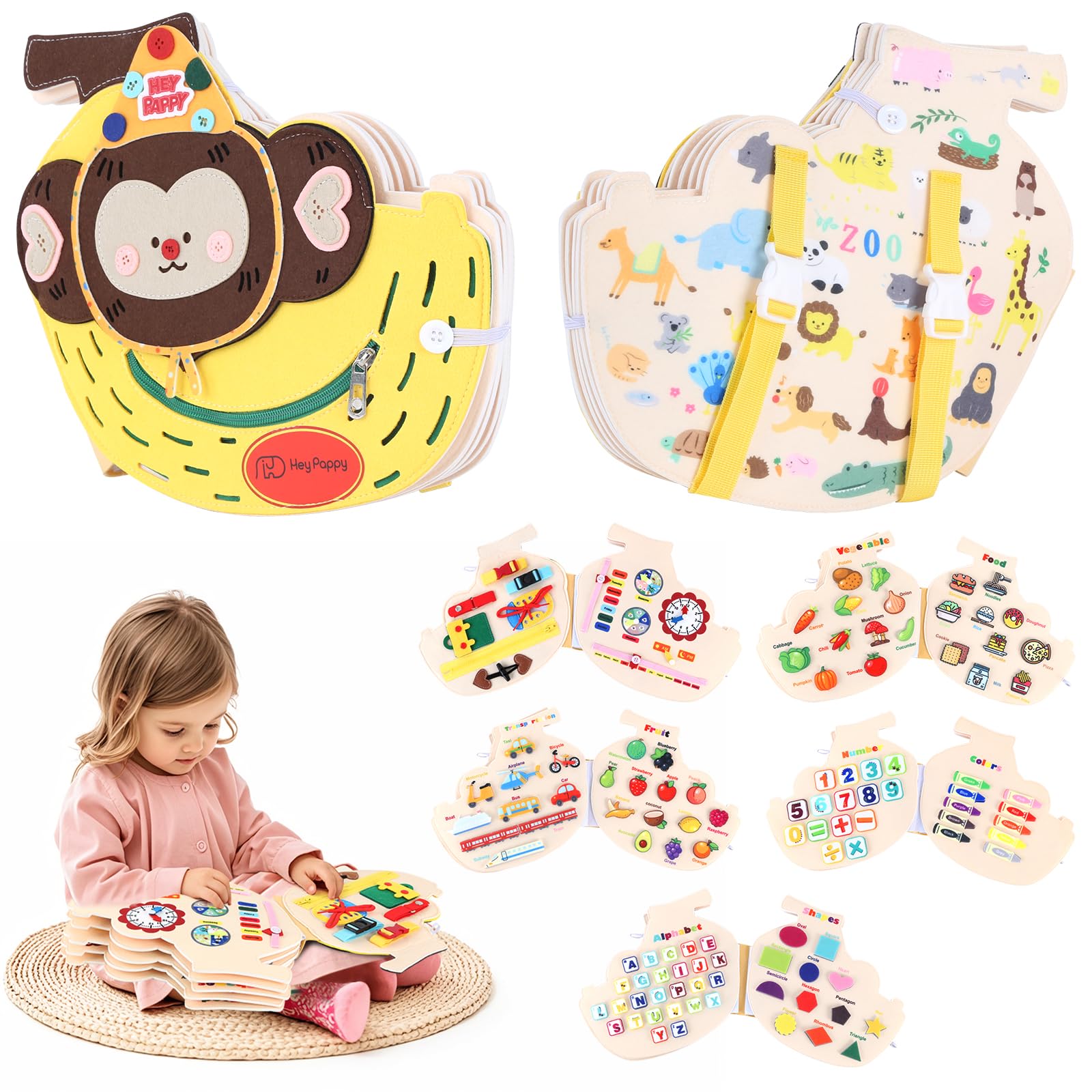 Heypappy Busy Board,12 in 1 Montessori Busy Board Feltro,Montessori Didattici Libro Sensoriale Educativo, Giocattolo per Abilità Motorie con Cintura Zaino Regalo Bambino Compleanno Natale