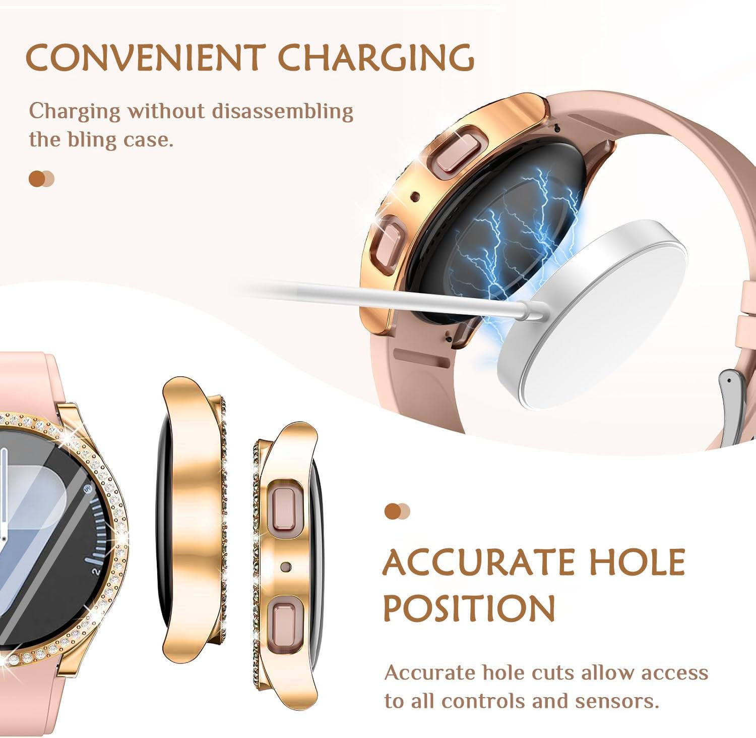 DEALELE [2-PACK] Case Compatible with Samsung Galaxy Watch 5/4 44mm, Bling Single-Row Diamond PC Protective Case Replacement Watch Cover Bumper (44mm, Gold+Transparent) — view 77