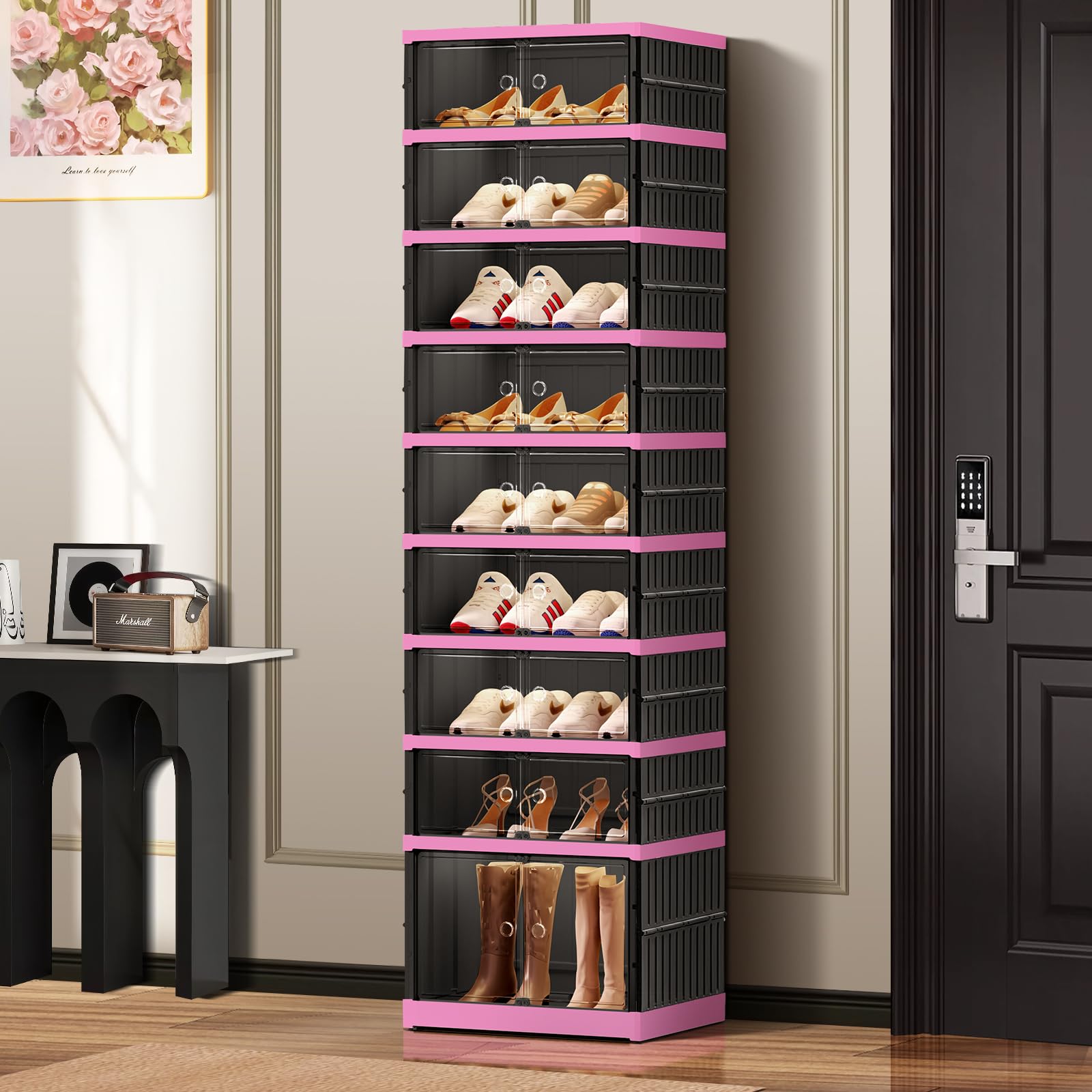 CIMLORD 9-Tier Foldable Shoe Rack Organizer with Doors, 18 Pairs,Black-Pink