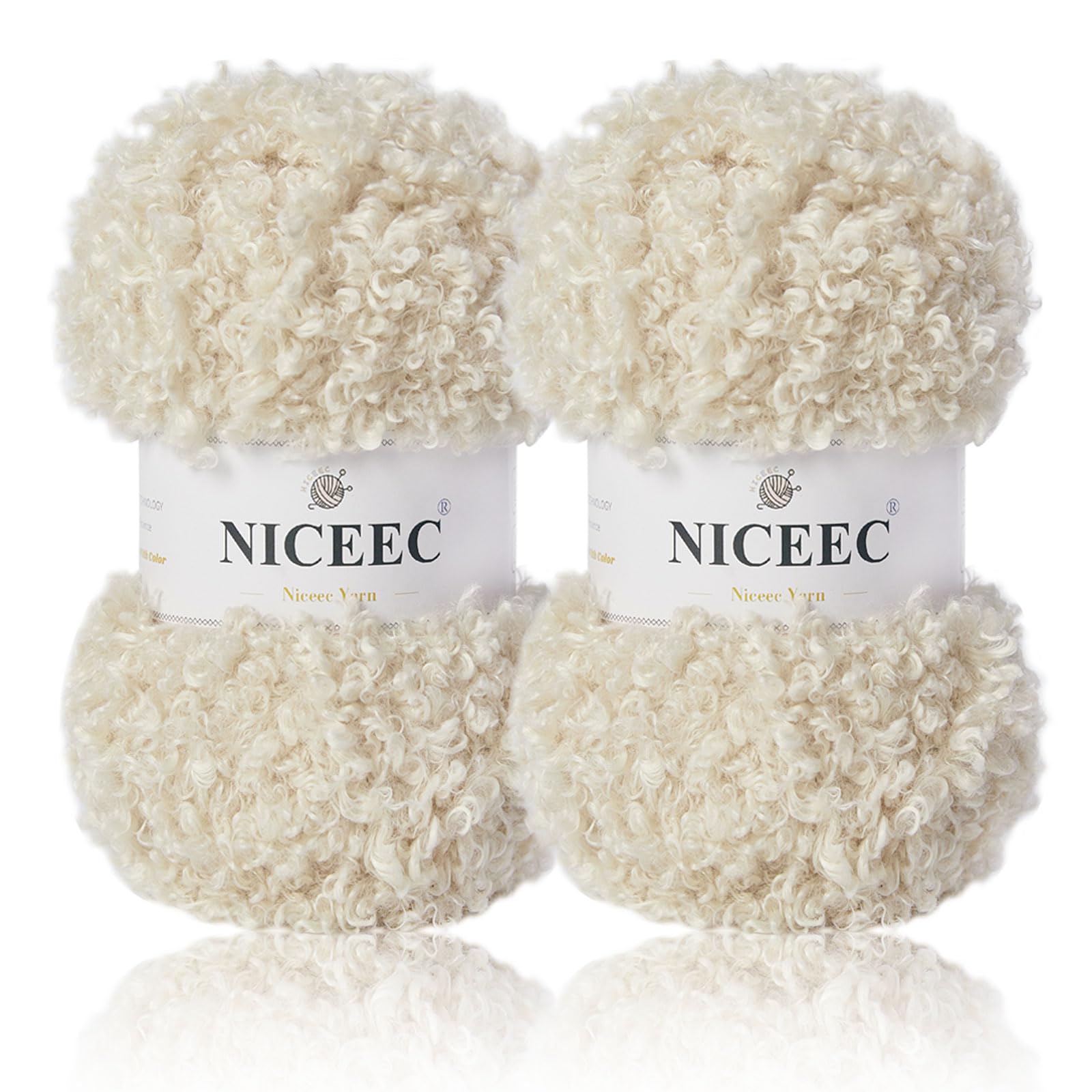 NICEEC 2 Skeins Teddy Fur Yarn - Super Soft, Chunky, Fluffy & Fuzzy, Faux Fur, Eyelash Yarn for Crochet & Knit (Total Length 110yds/7.05oz) - Beige