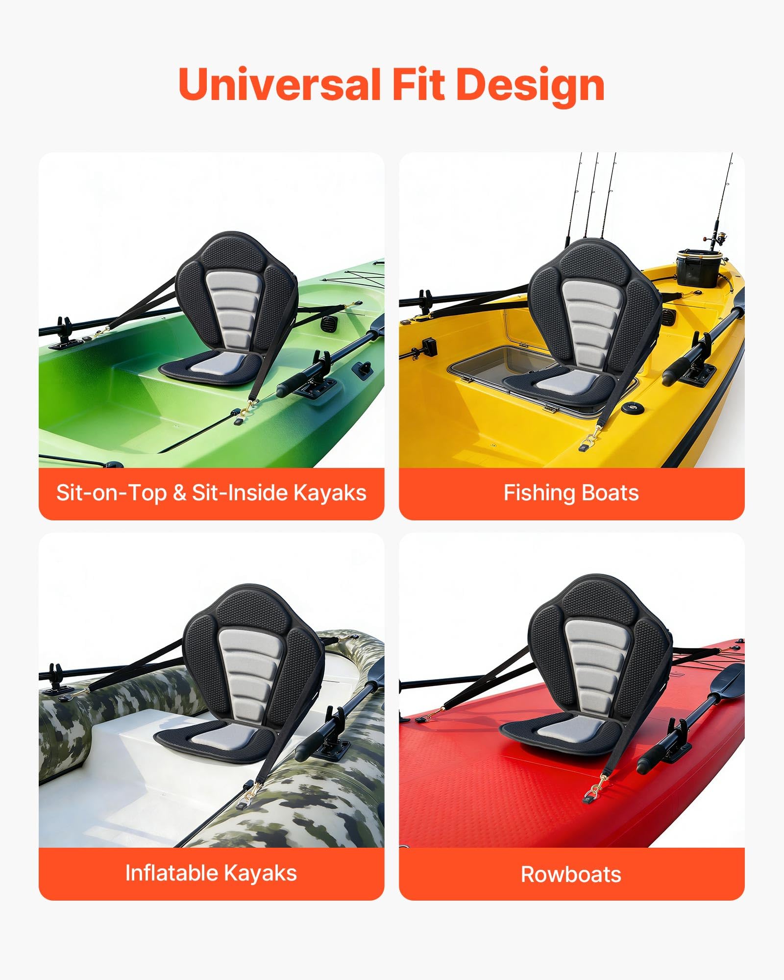 VEVOR Asiento Acolchado para Kayaks 1 Pieza, Asiento de Canoa con Respaldo Grosor de 12 mm, Cojín de Kayak con Bolsa de Almacenamiento y Correas Ajustables para Bote de Pesca, Tabla de Paddle