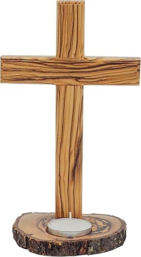 Miniatura 8 de Mesa de madera de olivo con cruz (8 pulgadas), cruz lisa de madera con base de portavelas