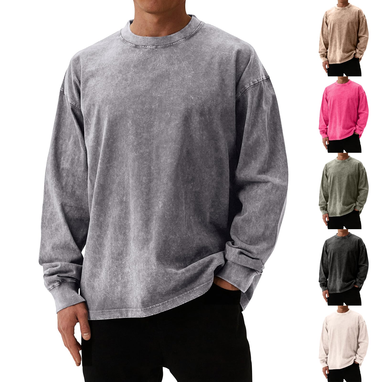 Mens Long Sleeve Tee Shirts Casual Acid Wash Solid Vintage Denim Shirts Thermal Crewneck Long Sleeve Pullover Sweater