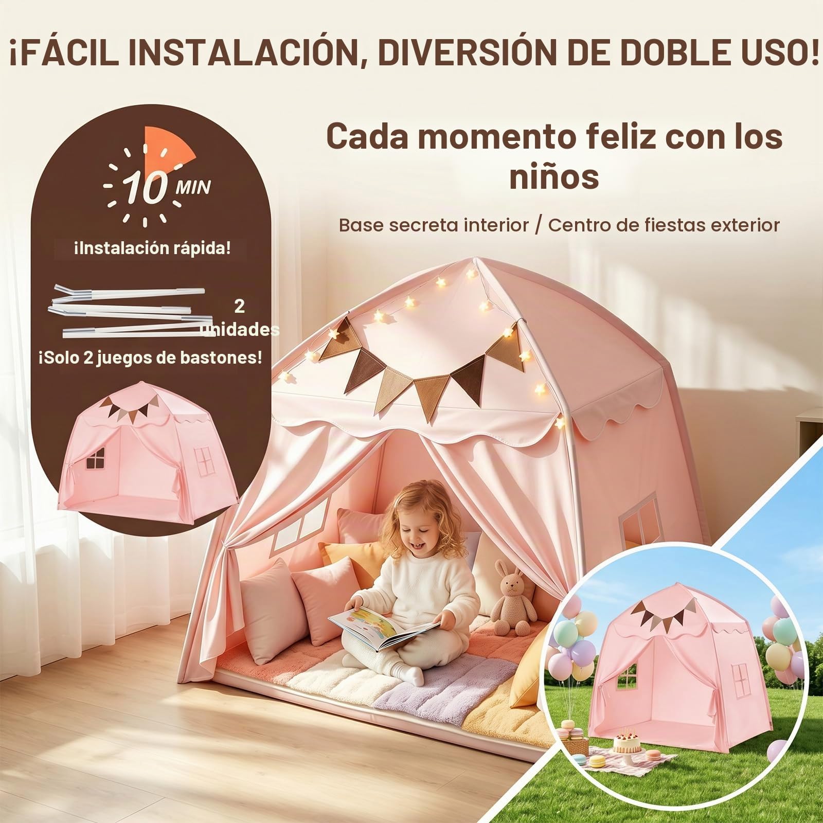 Tienda de campaña infantil para interiores, tienda de juegos con banderas y luces, tienda de campaña portátil y plegable, tienda de cama para niños, casa de juegos para interior y exterior (rosa)