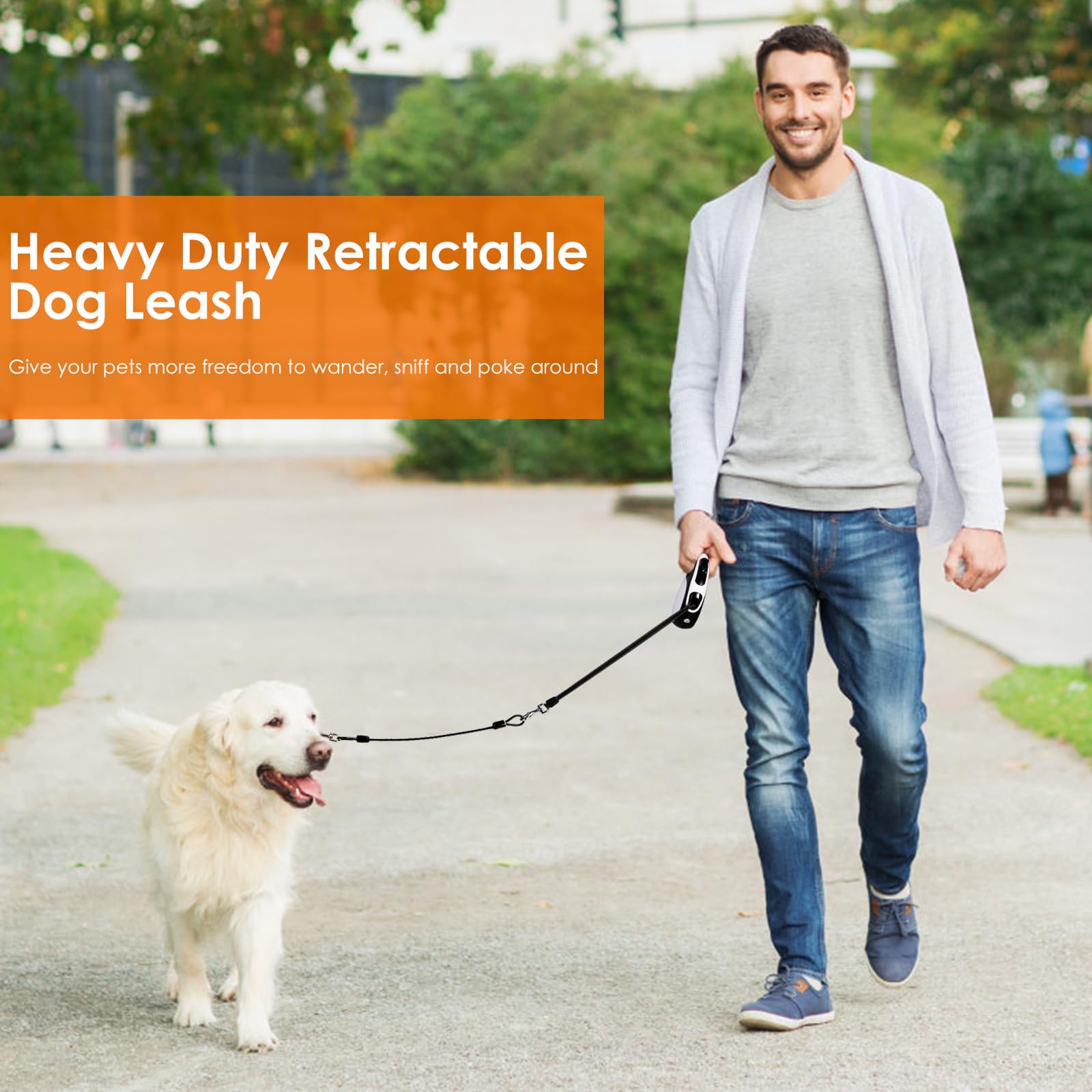 Correa retráctil para perros con cable resistente a mordeduras y linterna led, 5 m, para perros medianos y grandes hasta 50 kg, giro 360° sin enredos, alta resistencia, blanco