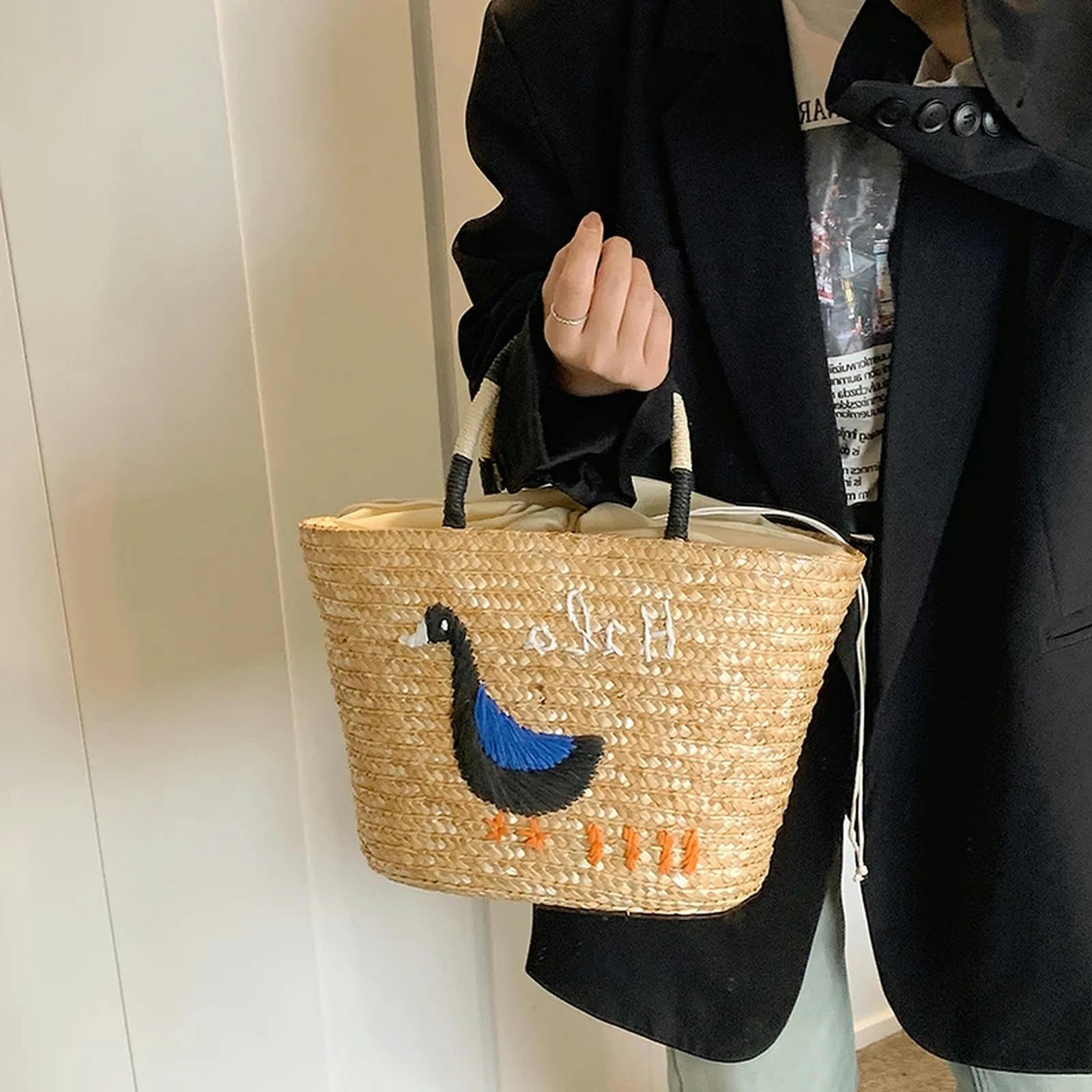 Borsa Paglia Estate Straw Bag Donne Grande capacità Maniglia Borsa A Spalla Handmade Tessuto Borsa Vacanza-Khaki