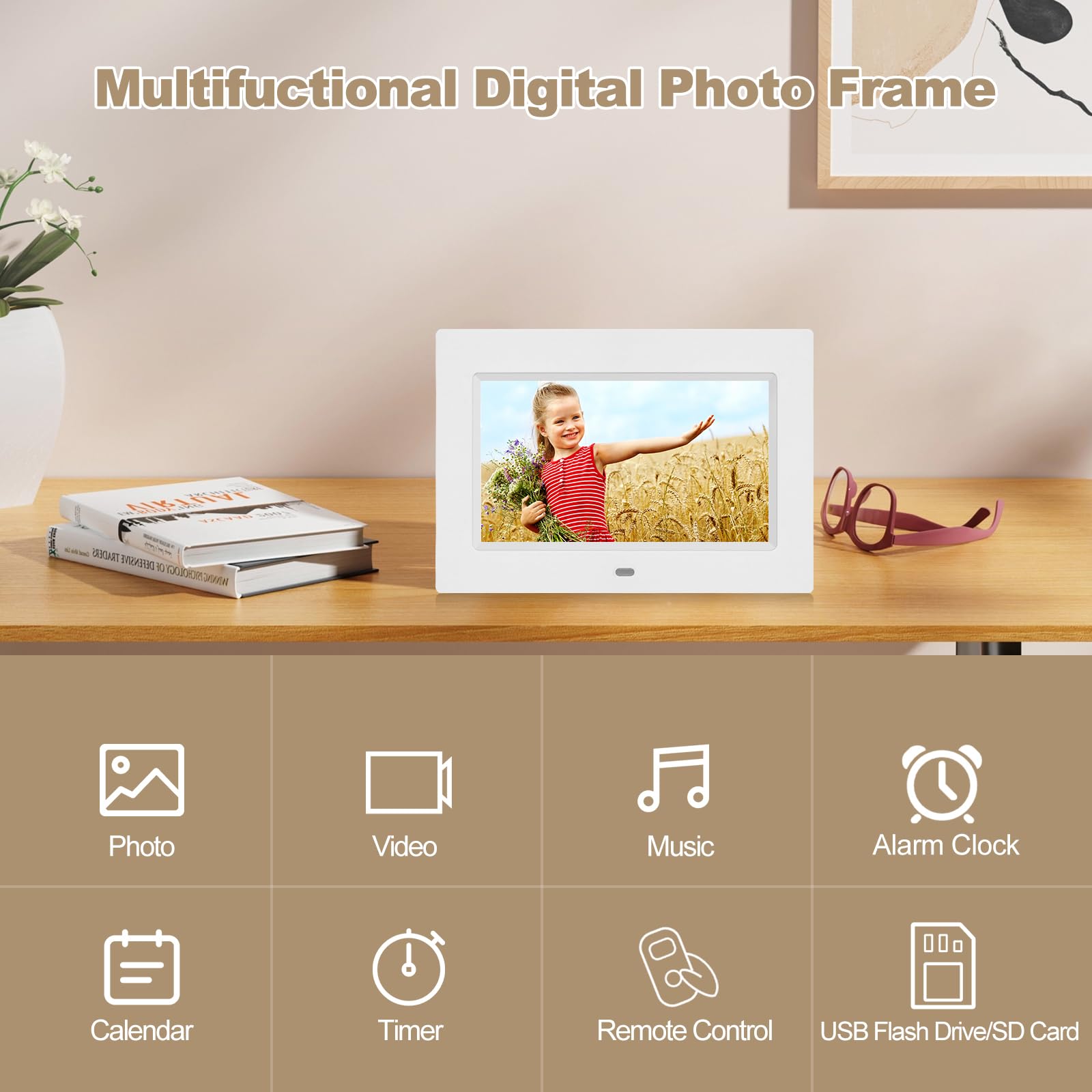 Cadre photo numérique 17,8 cm, cadre photo numérique 1024 x 600 Full IPS avec lecteur photo/musique/vidéo/calendrier/alarme, cadre photo électronique avec télécommande