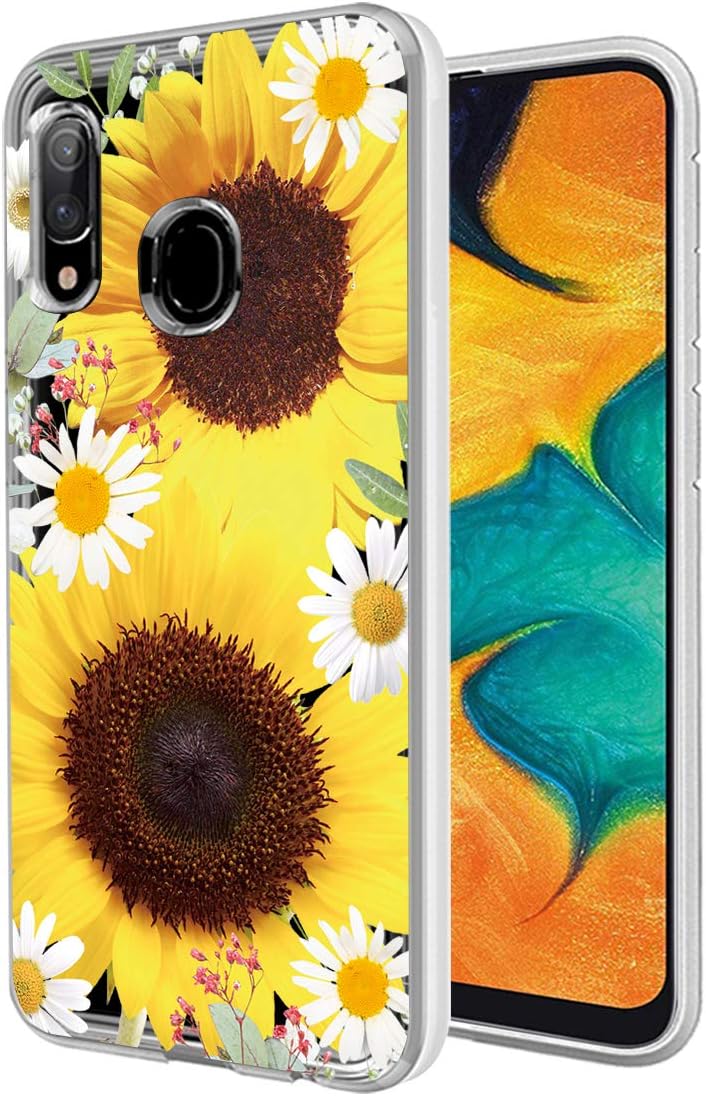 for Galaxy A30/A20 Case, Slim Shockproof Clear Floral Pattern Soft Flexible TPU Bumper Case with Raised Lip Protection for Samsung Galaxy A30/A20 Sunflower