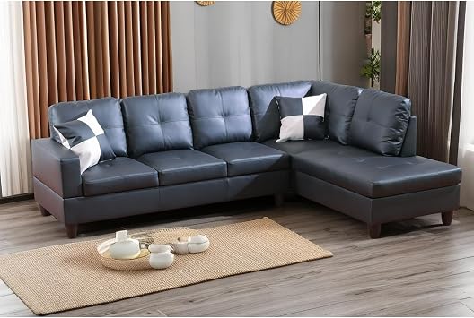 A Ainehome Living Room Sofa Set 2 Pieces Sectional Sofa Set, L-Shape Sofa Faux Leather Couch with Chaise for Living Room/Office/Apartment A-Black, Right Hand Facing