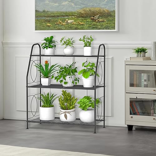 Miniatura 2 de Soporte para plantas, estante de 3 niveles para interiores y exteriores, de metal resistente para plantas al aire libre, estante para sala de estar,