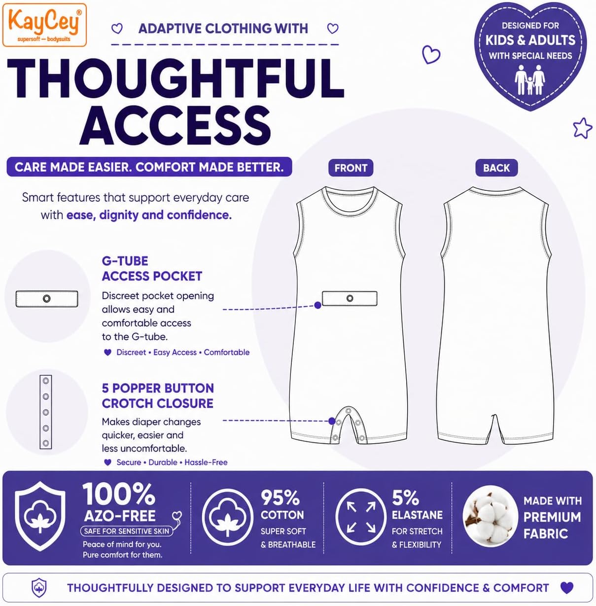 Kaycey 3 Pack Sleeveless Popper Vest with Tube Access For People with Special Needs, Adaptive Bodysuit, Snap Closure