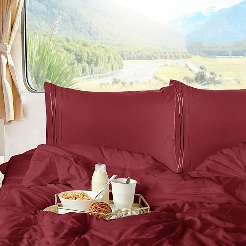 Miniatura 9 de Clara Clark Juego de sábanas cortas de microfibra 1800 de 4 piezas, frescas y transpirables, sábanas de cama Queen para caravanas, sábanas de 4