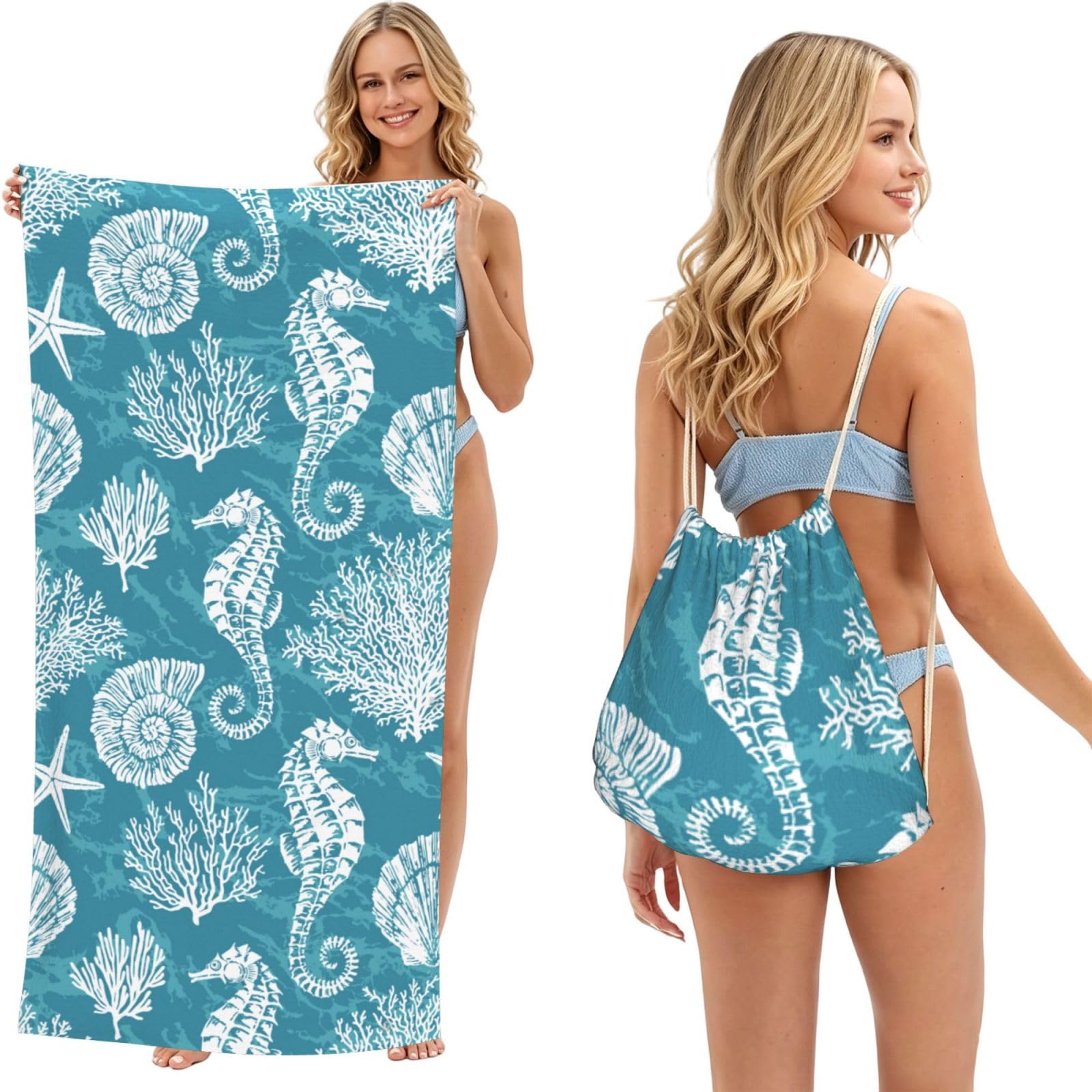 Poadnly As Picture Sea Shells Seahorse Coral, 2 In 1 Packable Towel Bag, Beach Towels With Drawstring Backpack For Travel Holiday Camping