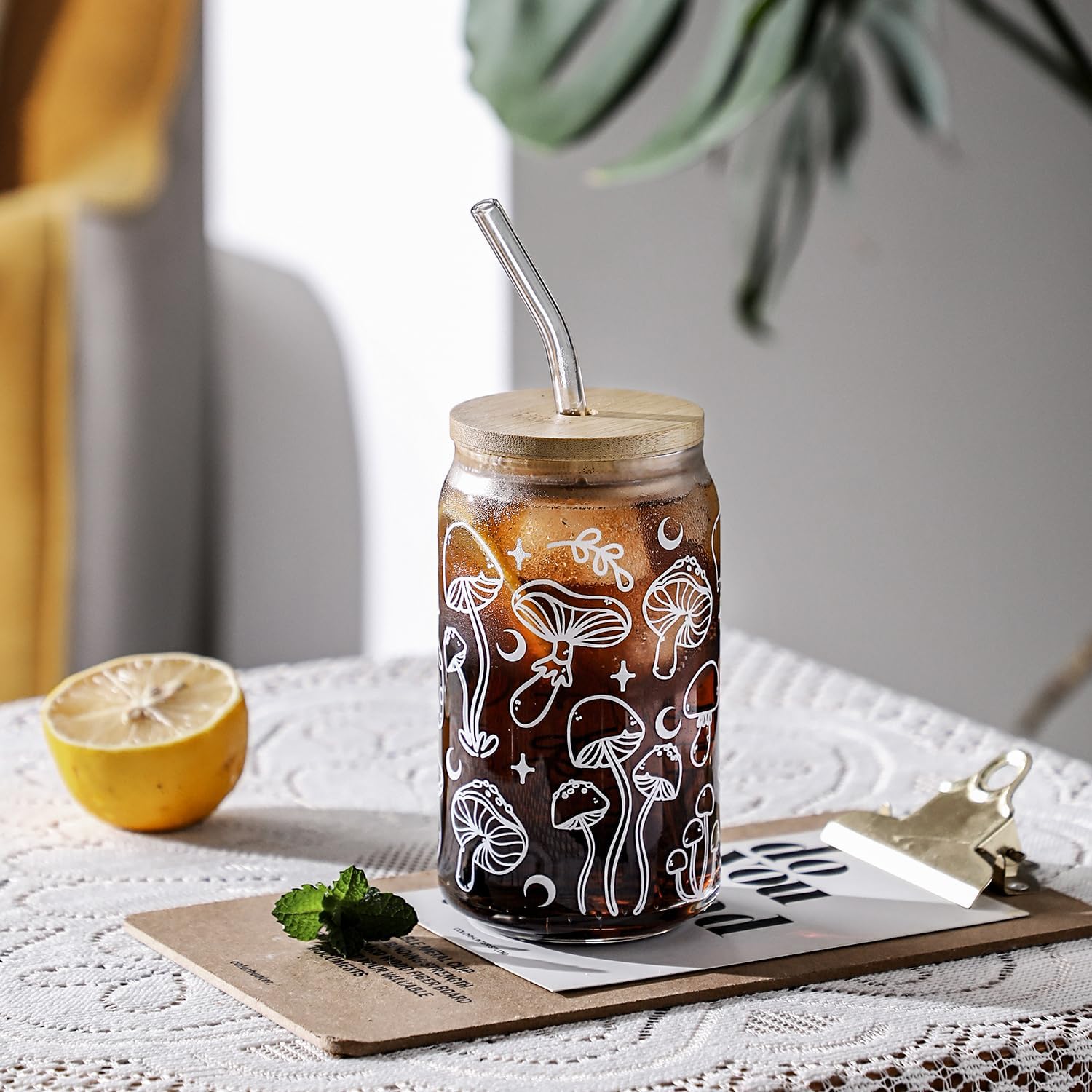 Christmas Mushrooms Gifts for Women, 16 oz Mushroom Glass Cups with Lids Straws, Mushroom Themed Gift,Birthday Gift for Moms & Best Friends Who Love Mushrooms - Image 5