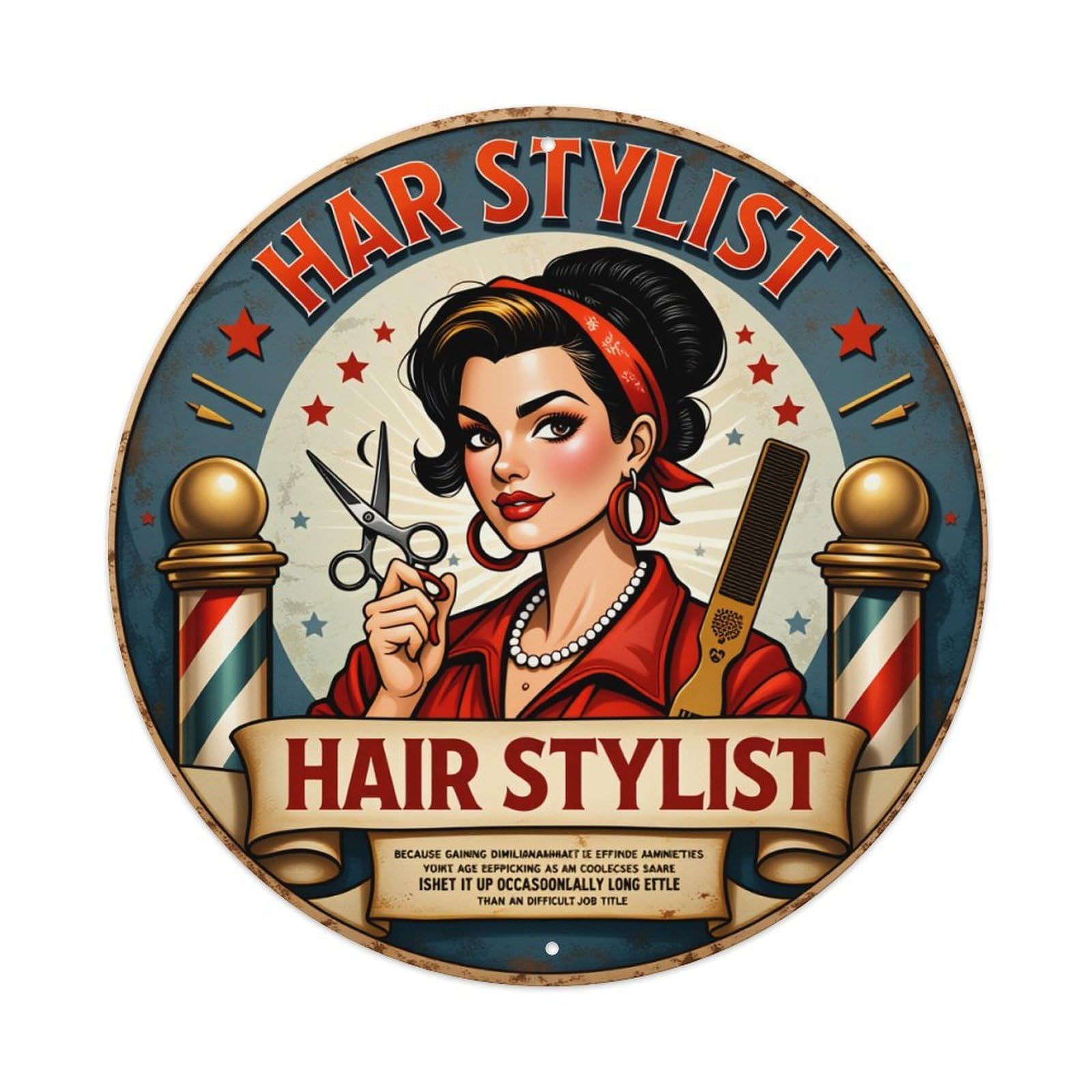 Retro Pinup Hair Stylist Design Vintage Metal Tin Sign Retro Wall Decor for Home Bar Garage Cafe, Indoor & Outdoor Decorative，circle Metal Poster, 8x8 Inch