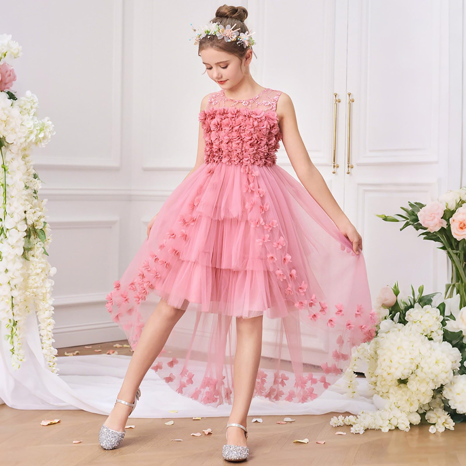 Vestidos para niñas: Elegante Vestido con Cola Floral 3D Fiesta Informal Edades de 7 a 12 años, Encaje, Ligero y Bordado, Ideal Uso Diario, Tendencia Infantil Estilo Casual/g