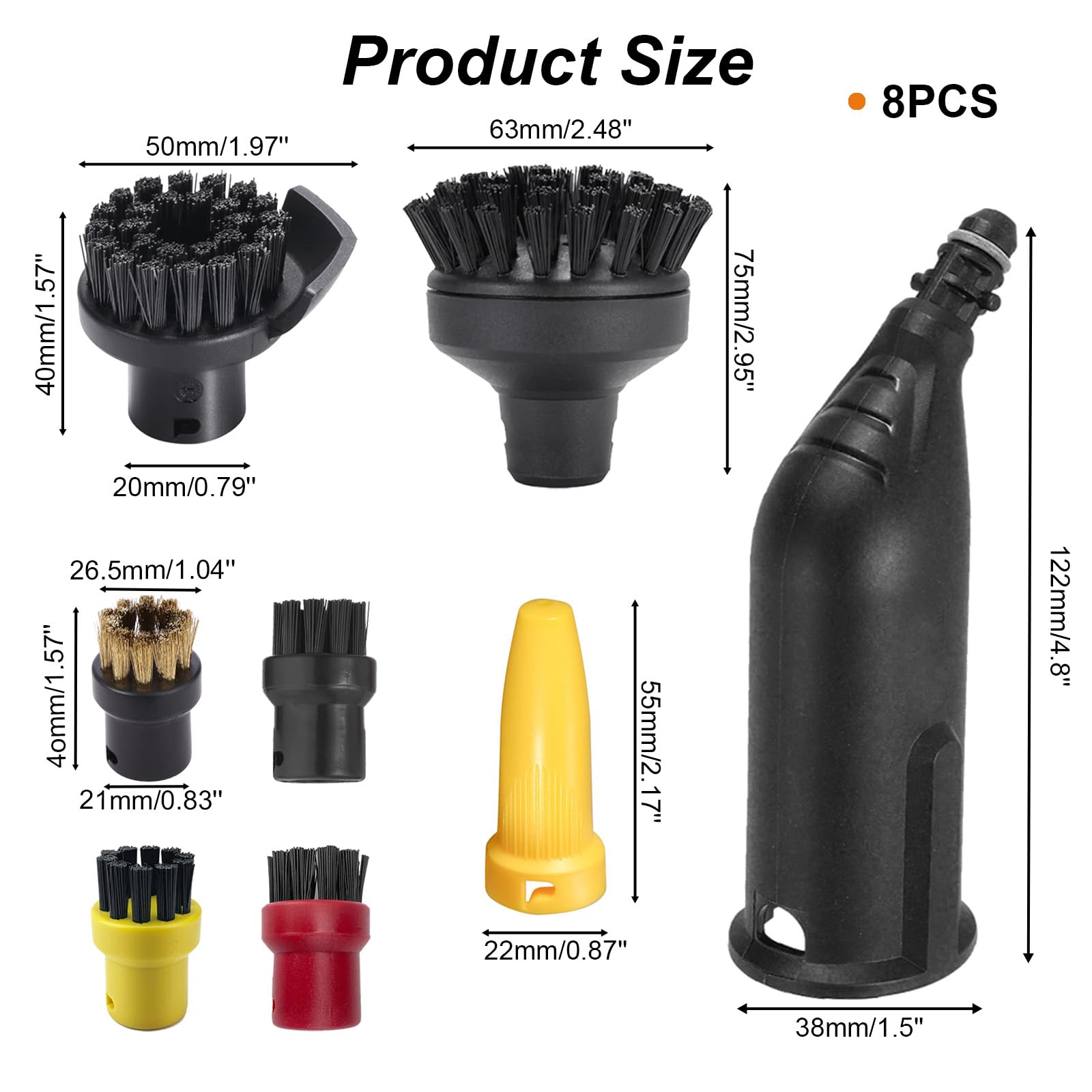 Round Brush Set and Mouthpiece Nozzle Compatible with Karcher Steam Cleaner Accessories SC1 SC2 SC3 SC4 SC5, Black Extended Nozzle,Large and 4 Small Round Brushes