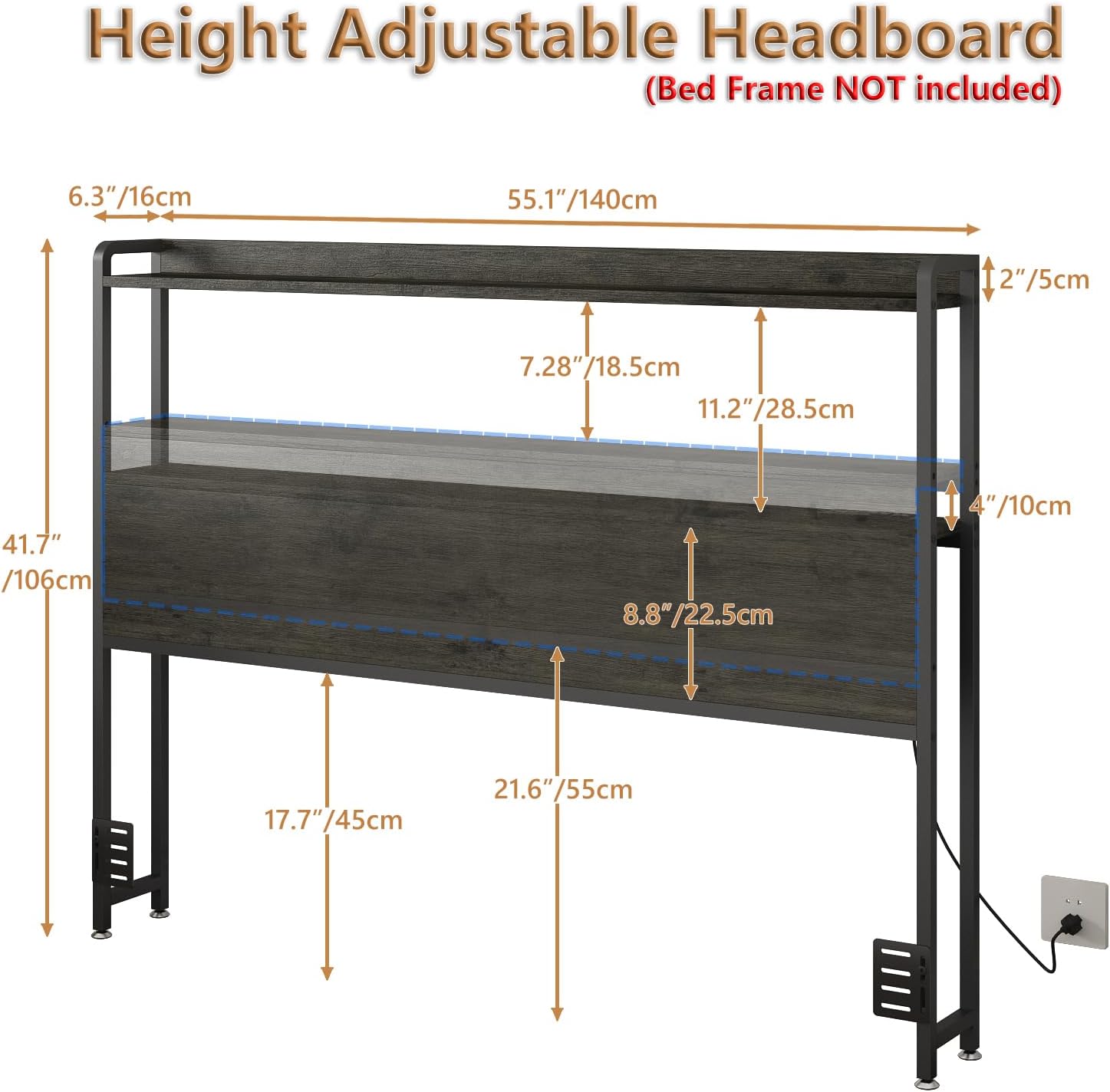 Adjustable Full Size Headboard with Outlets, USB Ports,Type-C,LED Lights, and Storage, Rustic Brown, Sturdy Headboard for Enhanced Comfort and Functionality,Black Oak,Bed Frame NOT Included