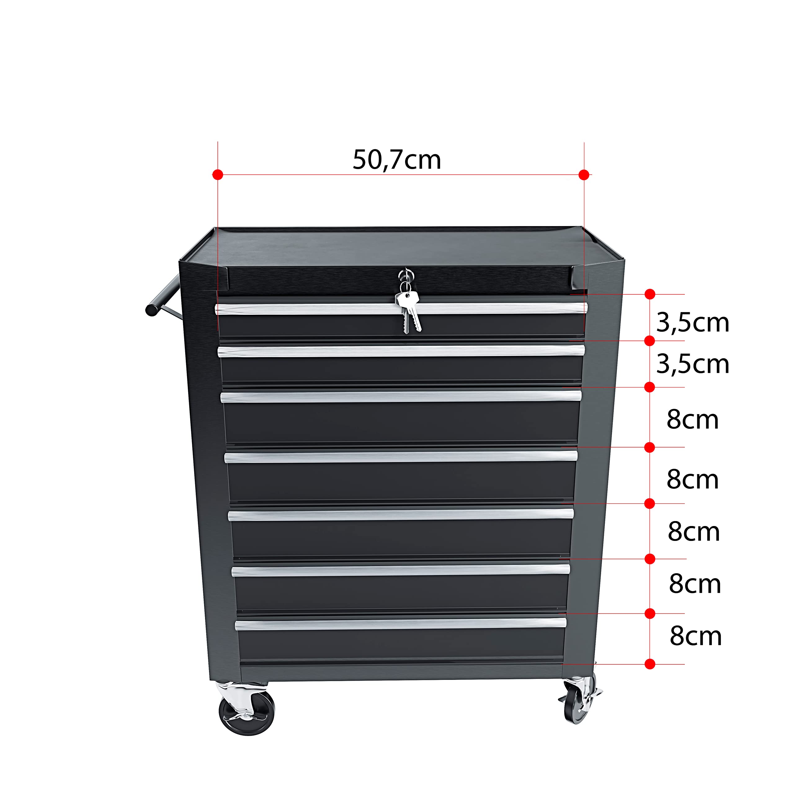 Carrello Da Officina Con 7 Scomparti In Metallo Cassetti Con Serratura Centralizzata Rivestimento Antiscivolo E Ruote Con Freno Di Stazionamento Porta Attrezzi 77.5 x 33 x 70 Cm (Nero)