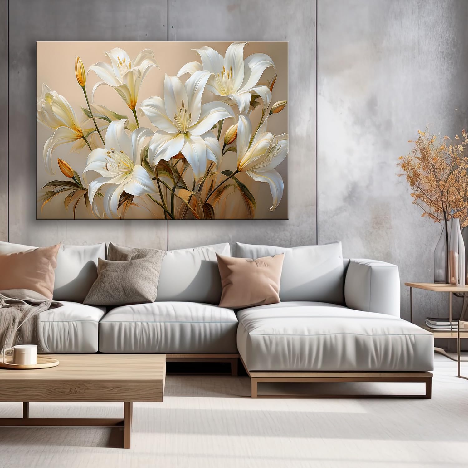 Feeby - Impression sur Toile - Deco Tableau Murale Intissé - Bouquet de lys blancs Fleurs Plantes - 90x60 1partie - Photo Peinture - Pour Chaque Pièce de Votre Appartement
