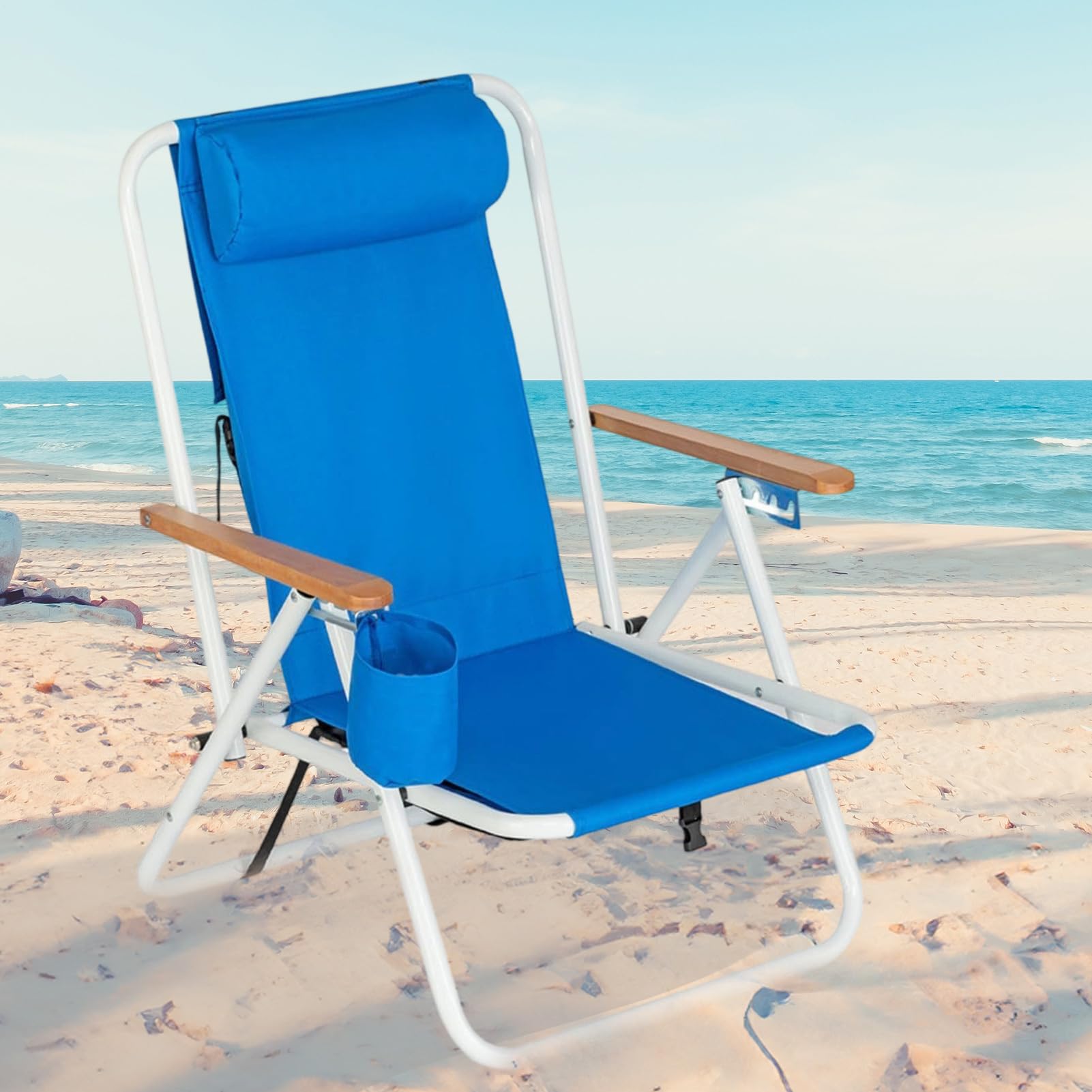 Krzesła Turystyczne Krzesło Plażowe Plecakowe z Regulowanym Zagłówkiem | Przenośne Siedzenie Rozkładane z Uchwytem na Kubek, Akcesoria Kempingowe na Festiwale, Koncerty, Wakacje i Piknik na