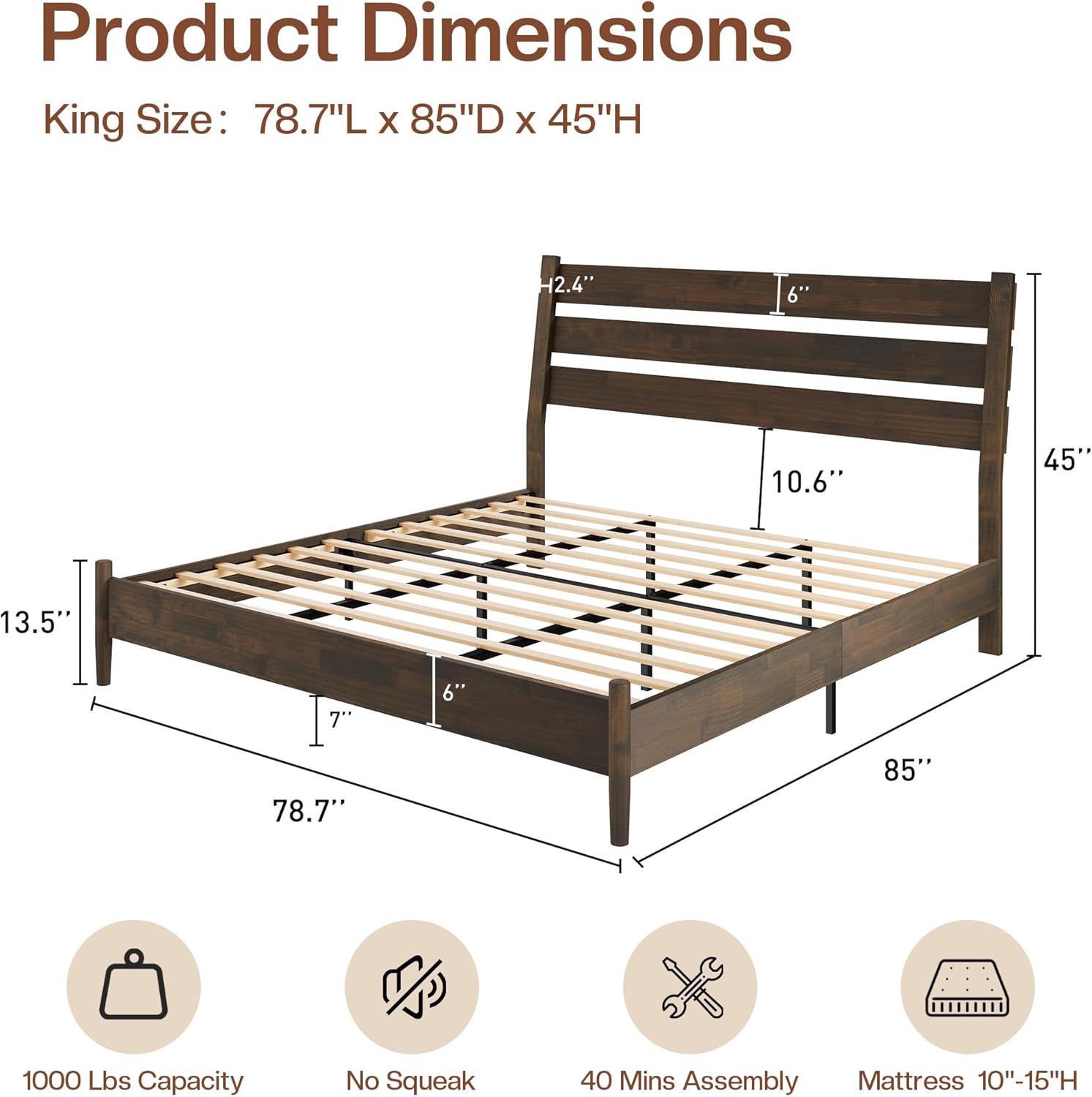 Jocisland King Size Solid Wood Platform Bed Frame with Reclining Slatted Headboard, Modern Wood Bed for Couples, Silent Design, 7" Under-Bed Storage, Tool-Free, No Box Spring Required, Dark Brown