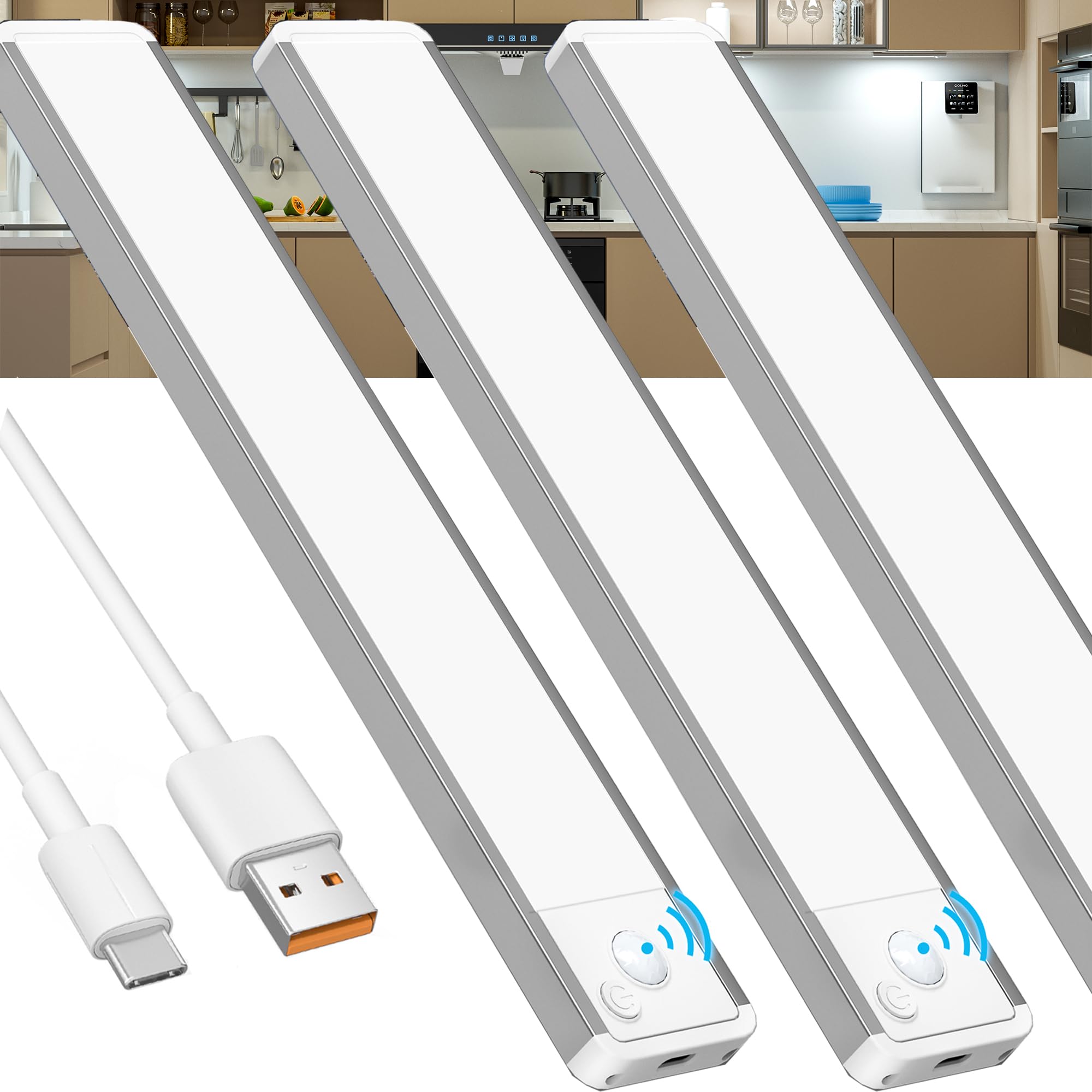 GWULC 6000K Weiß 20CM 3 Stück Schrankbeleuchtung Unterbauleuchte Küche LED Bewegungsmelder Licht Akku Lampe