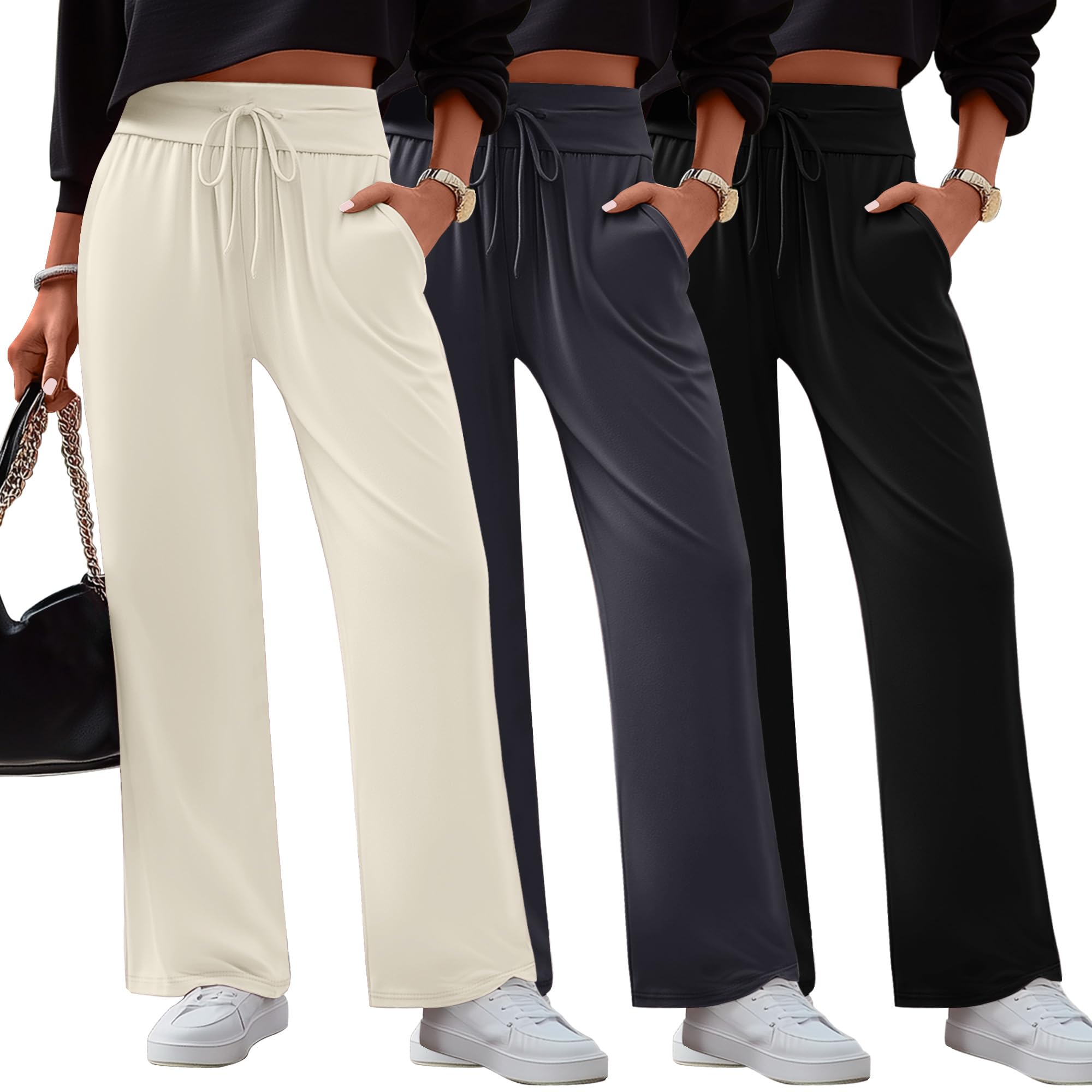 Neer 3 Pack Women's Lounge Pants Wide Leg Yoga Sweatpants with Pockets High Waisted Drawstring Lounge Loose Workout Jogger