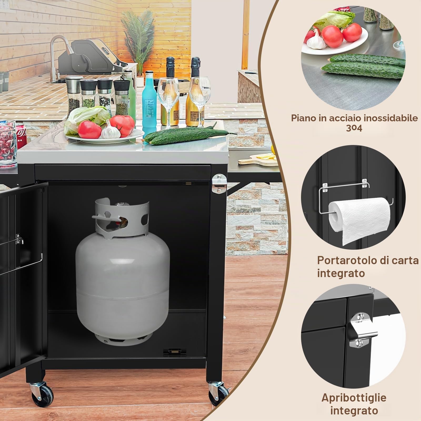 GFTIEM Carrello da cucina per esterni, 140 x 65 x 89 cm, portatile, con 2 tavolini pieghevoli, per forni da pizza, cucina esterna per Ninja Woodfire e Weber serie Q, cucina all'aperto