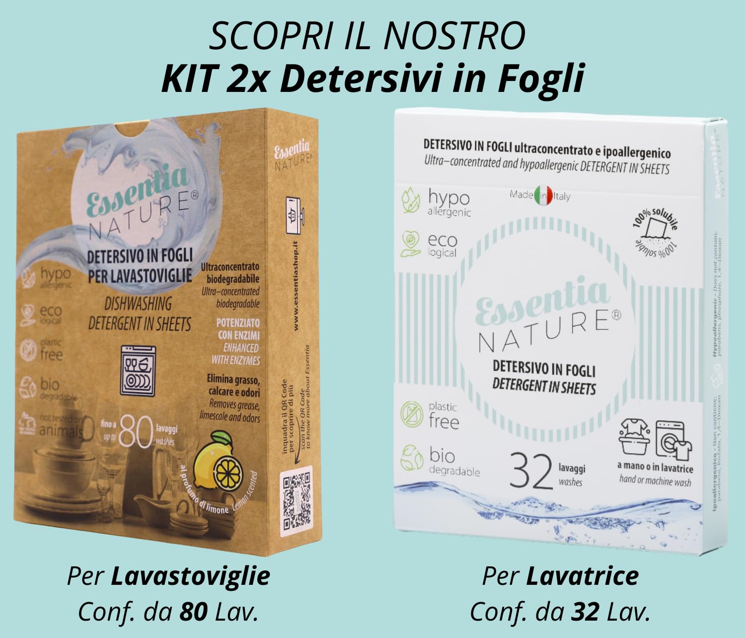ESSENTIA Detersivo Ecologico in Fogli per Lavastoviglie | 3 Confezioni da 80 Lavaggi | Ultraconcentrato e Biodegradabile con Enzimi Naturali | Profumo Limone | Elimina Calcare e Odori | Plastic Free