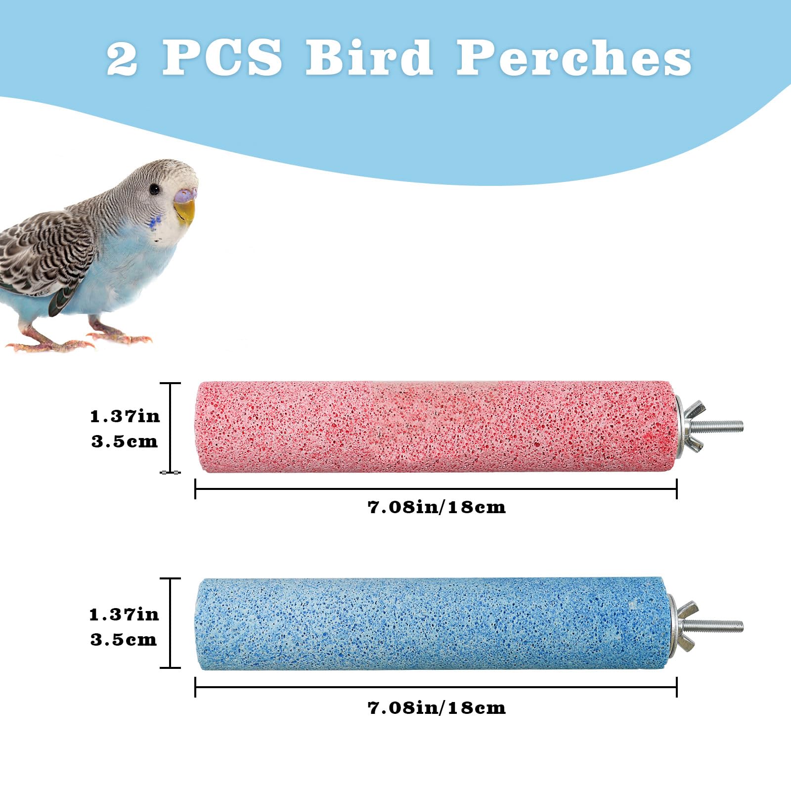Dual-Textured Bird Perch, 2-Pack – Chewable Mineral Stone & Metal Rod Stand for Small/Medium Birds | Cage Mounted Perches for Beak Grinding, Claw Trimming (Blue & Pink)