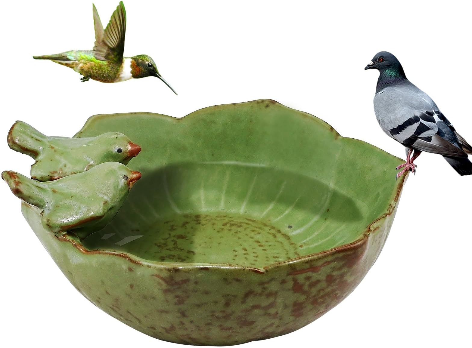 Bird Feeder and Bath, Ceramic Bowl for Wild Birds, Free Standing Stone Garden Decor, Green
