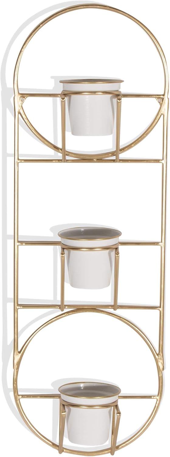 Petulah White and Gold Indoor Metal 3 Pot Vertical Wall Planter, Wall Décor for Succulent, Cactus, Air Plant, Faux Plants