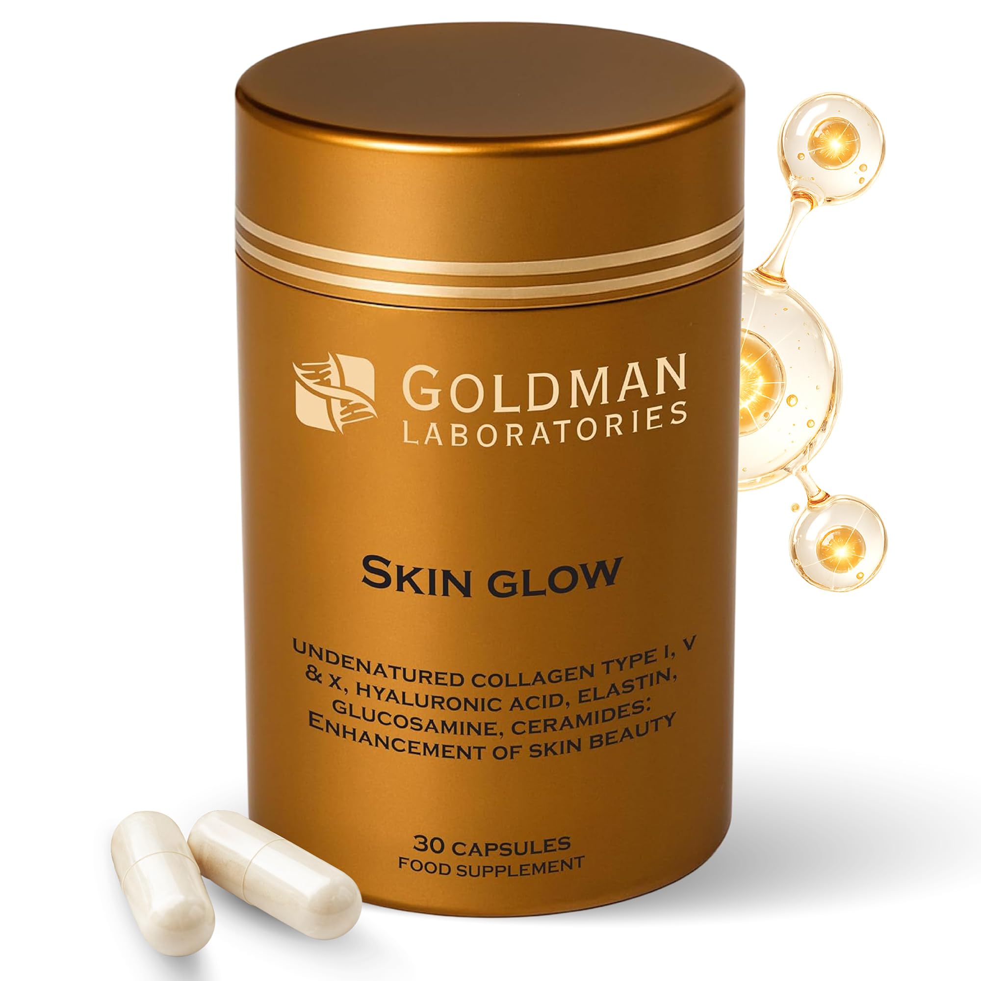Skin Glow Complément de Collagène en Gélules, 30 Gélules, Contenant du Collagène Type I, V, de l'Acide Hyaluronique, de l'Élastine et des Céramides.