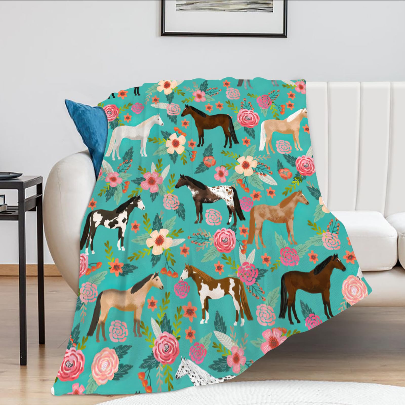 Manta de caballo para niñas y mujeres, lindos caballos y flores, manta de forro polar, suave, cálida, mullida, floral, para los amantes de los caballos, decoración, cama, sofá, sala de estar para