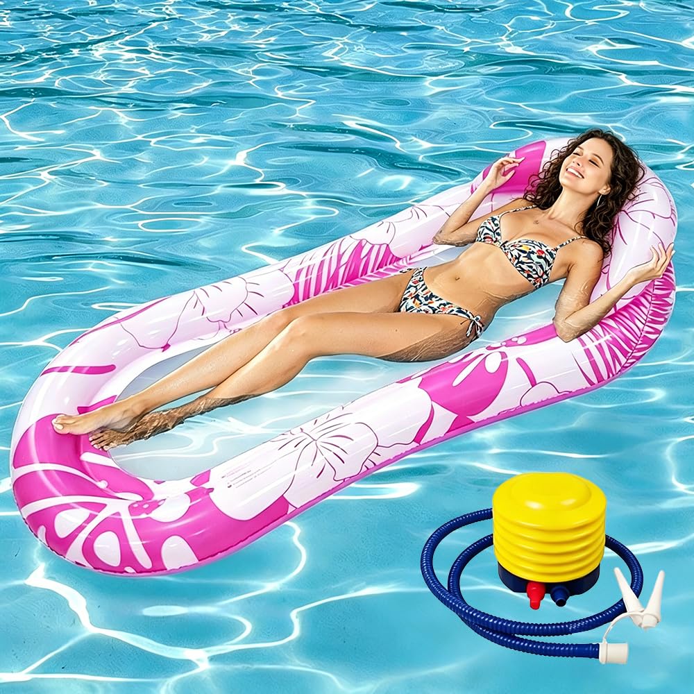 Pool Inflatables, Pool Float with Head, Arm Rest, Foot Pump, Mesh Bottom Mattress Bed, Pool Lounger for Sunbath Tanning, Summer Holiday Sea Beach Water Fun, Water Hammock (Pink)